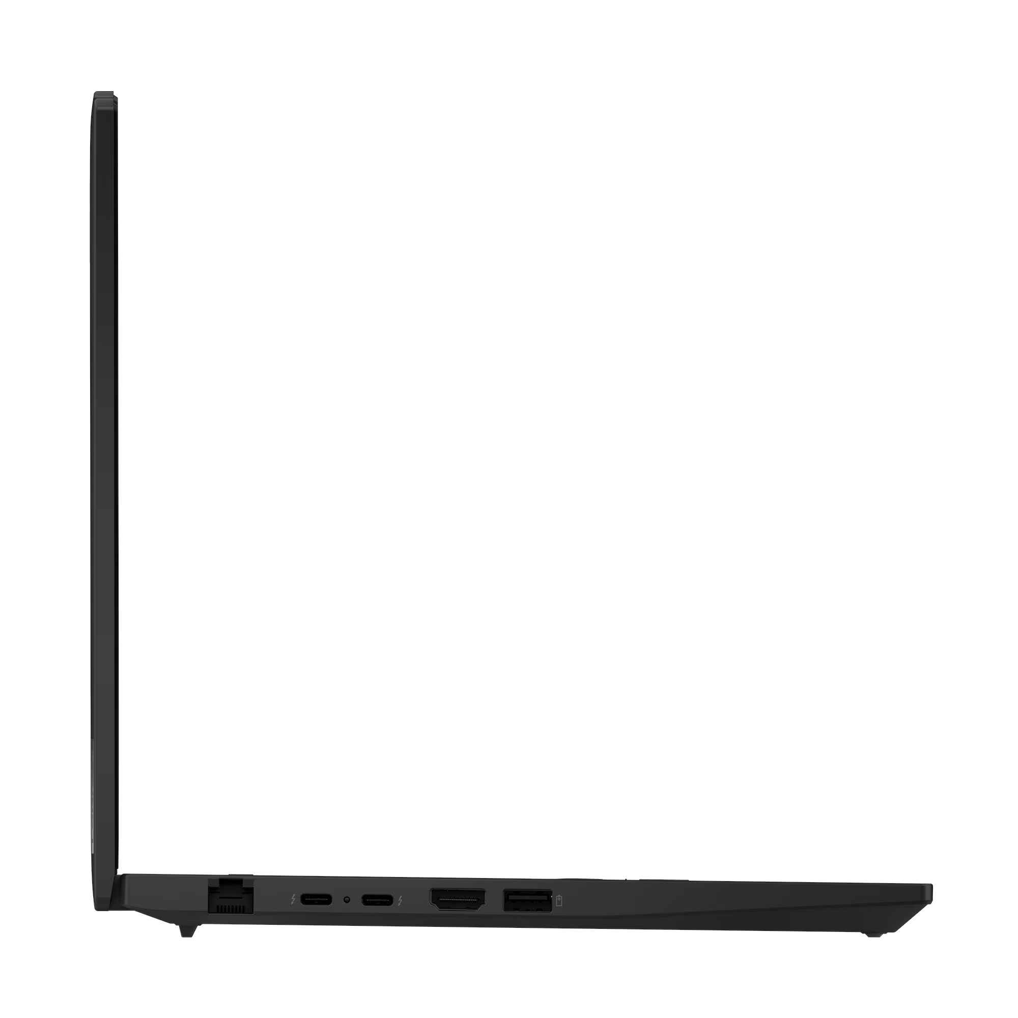 Vista lateral de portátil negro mostrando puertos: Ethernet, USB-C, HDMI, USB-A.