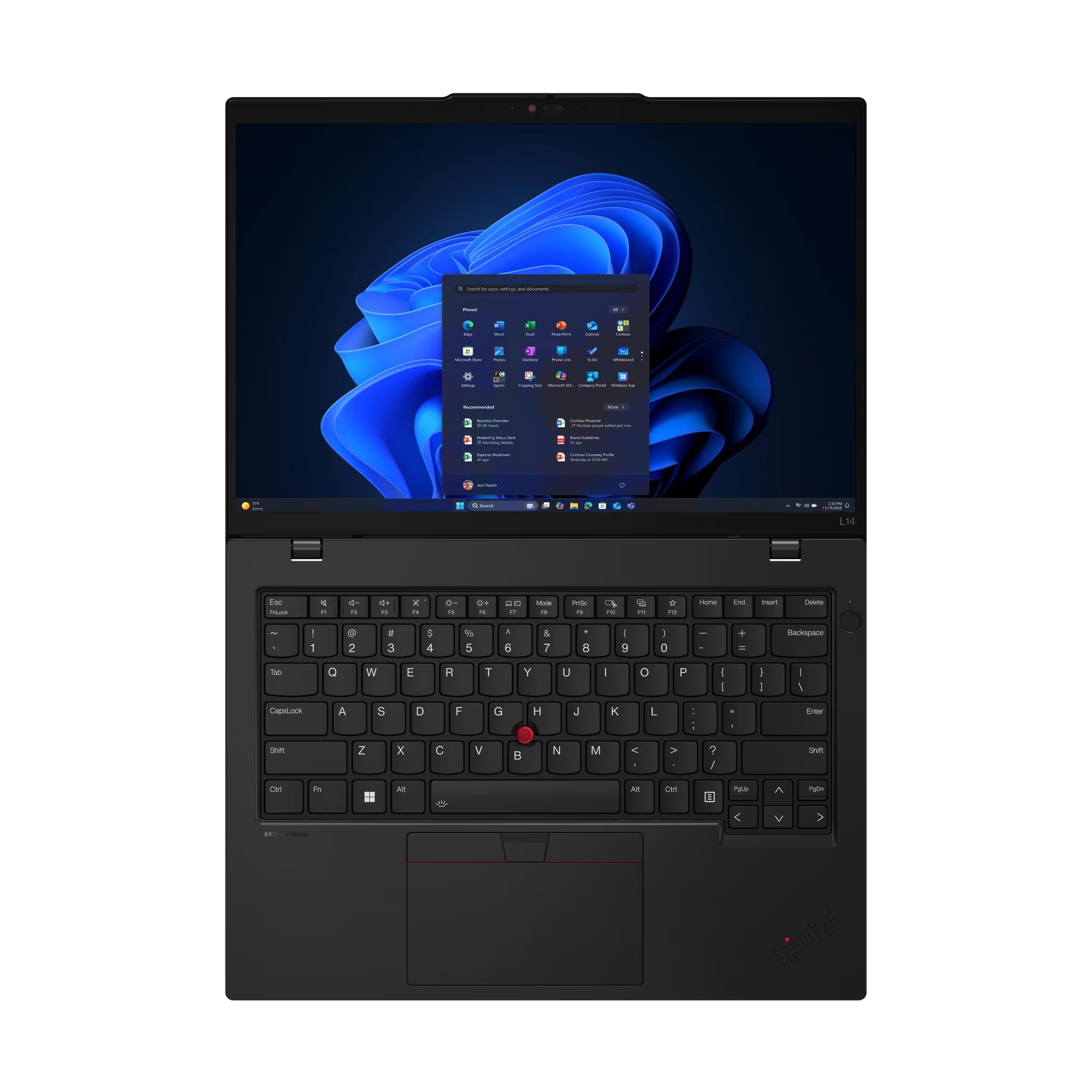 Portátil negro con menú inicio Windows 11 abierto y teclado.