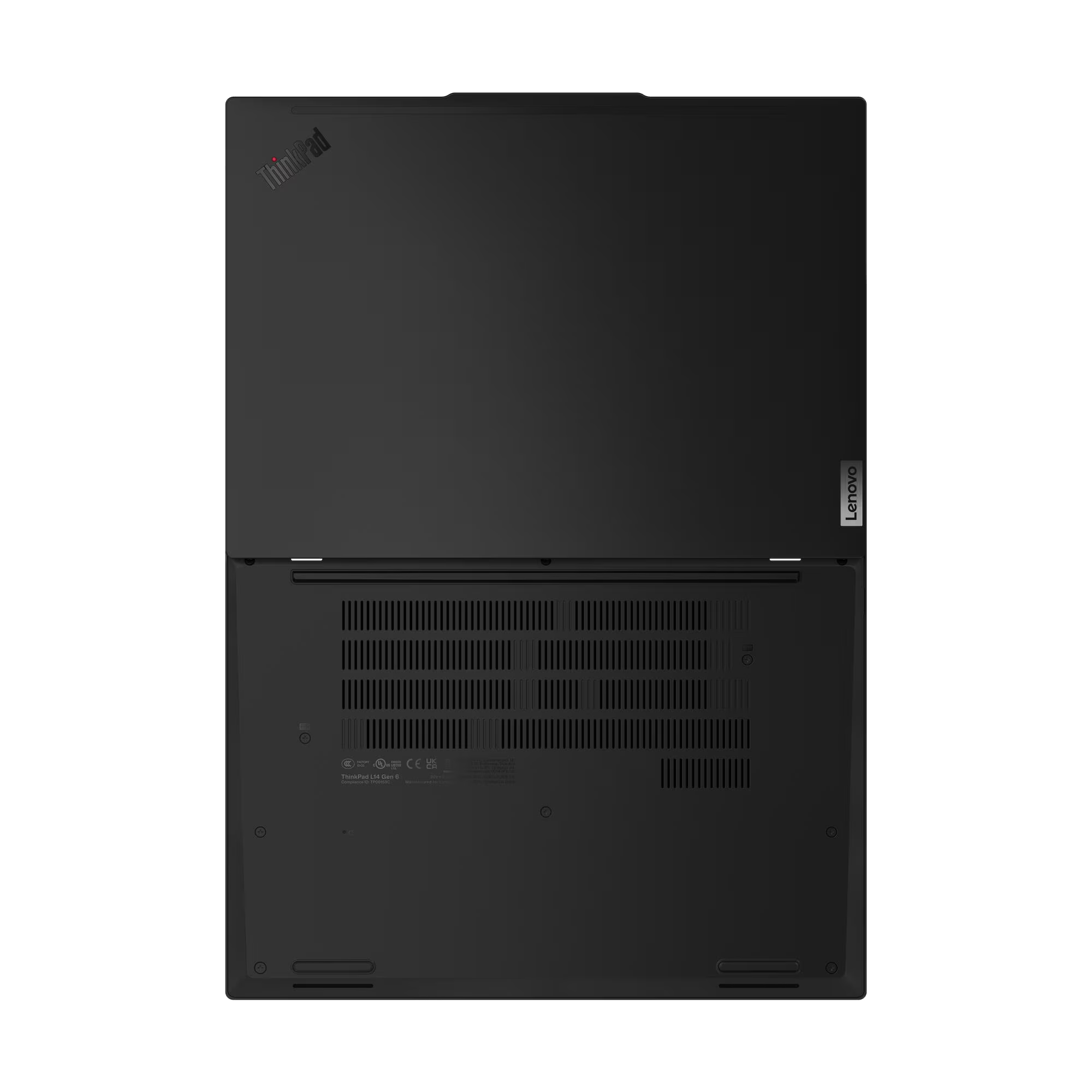 Portátil negro con logos "ThinkPad" y "Lenovo". Parte inferior visible con ventilaciones.