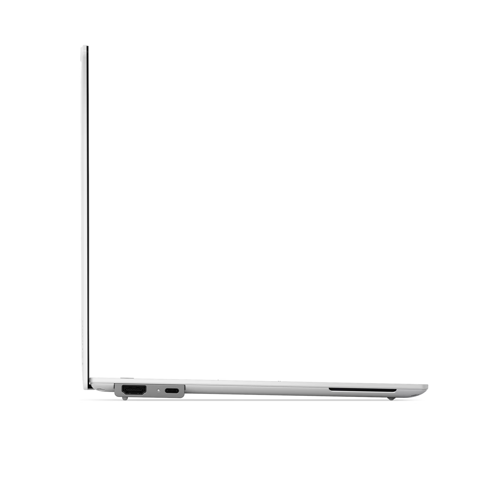 Vista lateral de un portátil blanco mostrando puertos HDMI y USB-C.