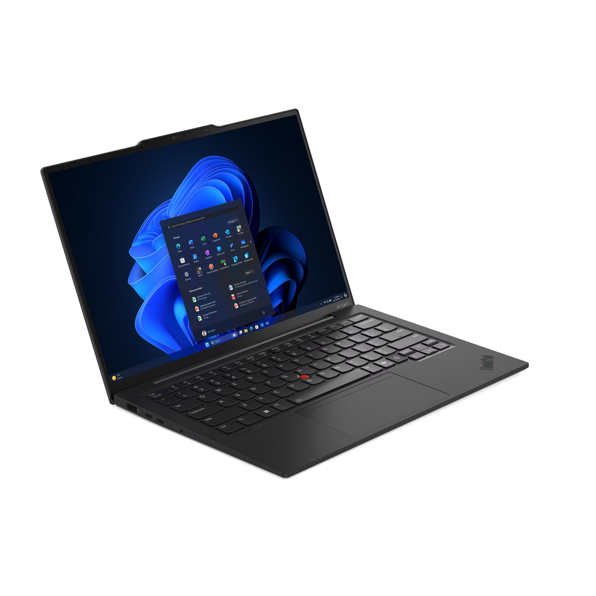 Un portátil negro con la pantalla abierta, mostrando el menú de inicio de Windows 11.