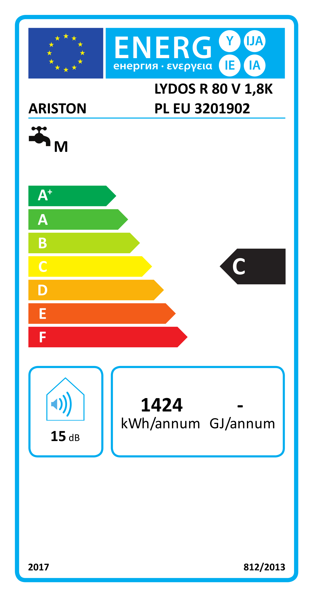 Energia címke Ariston Lydos R 80 V 1,8K, C osztály, 15 dB, 1424 kWh/év.