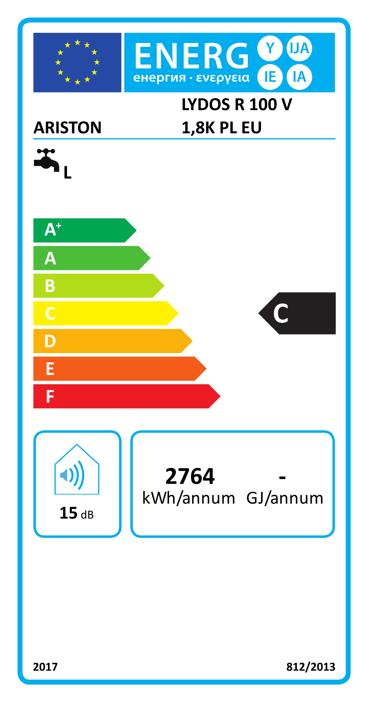 Ariston Lydos R 100 V energiacímke, C osztály, 15 dB zajteljesítmény, 2764 kWh/év.