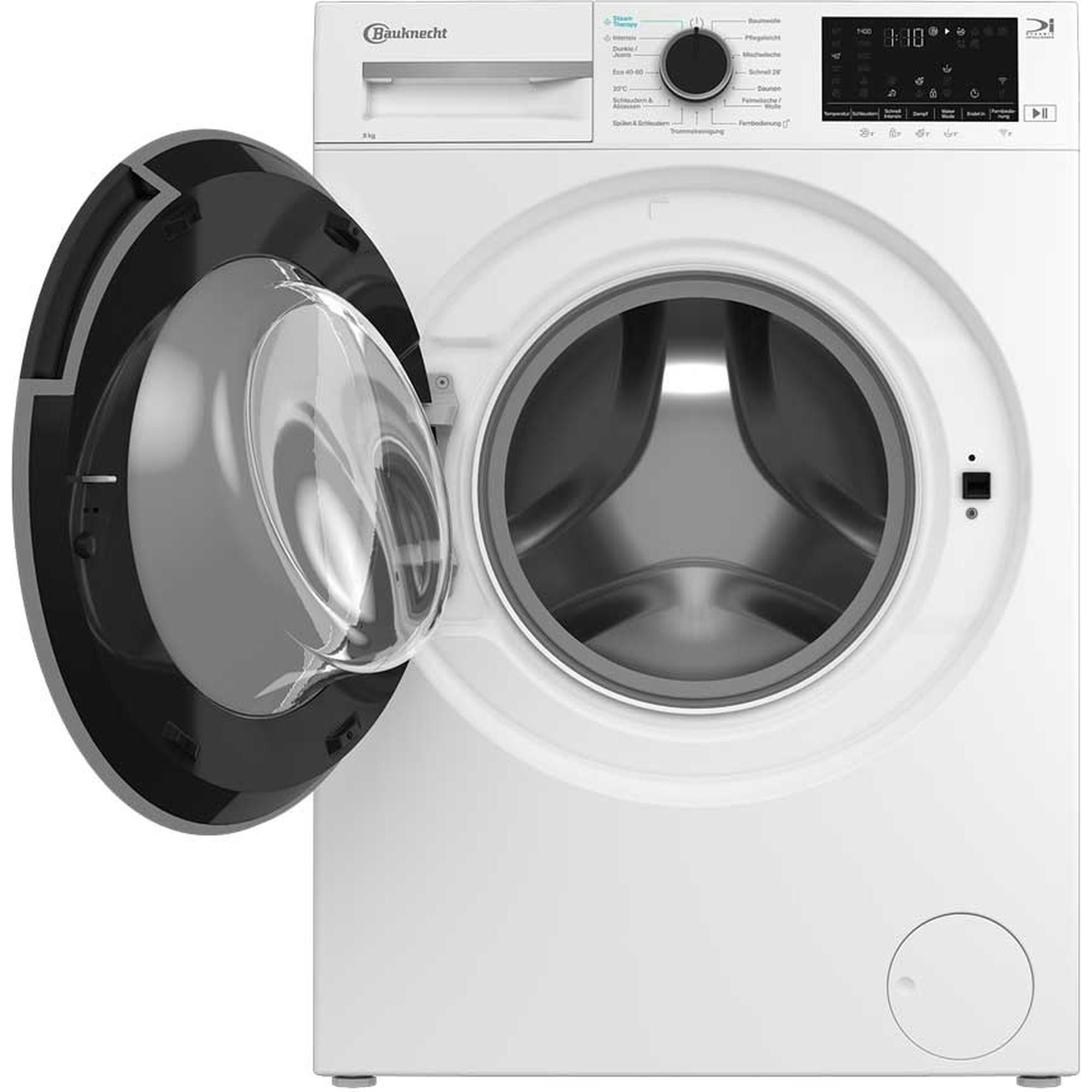 Eine weiße Bauknecht-Waschmaschine mit geöffneter Tür und sichtbarer Trommel.