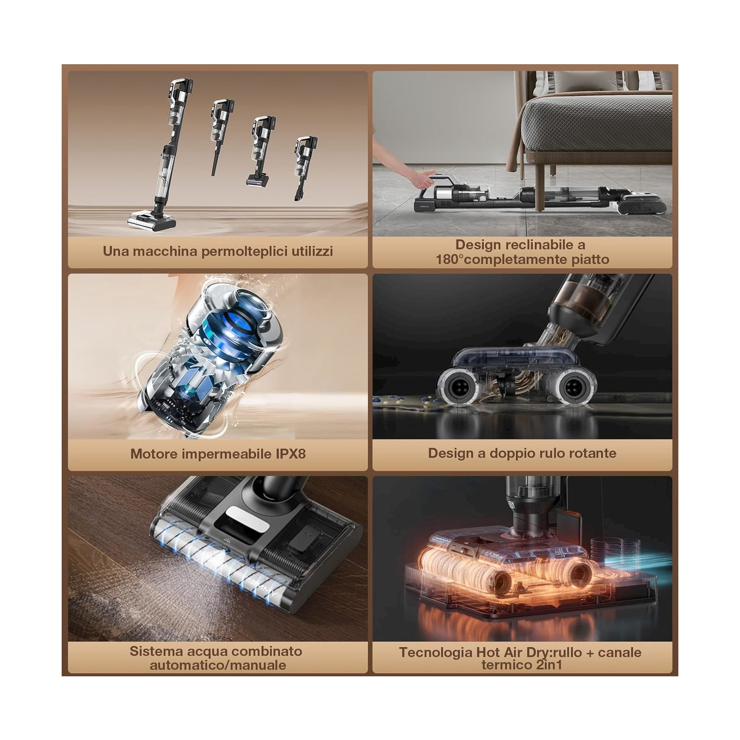 Aspirapolvere multiuso con accessori, design piatto, motore impermeabile, spazzola doppia.