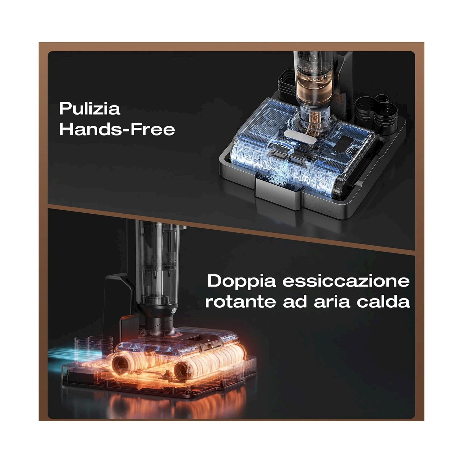 Primo piano della testina dell'aspirapolvere con spazzole rotanti e aria calda.