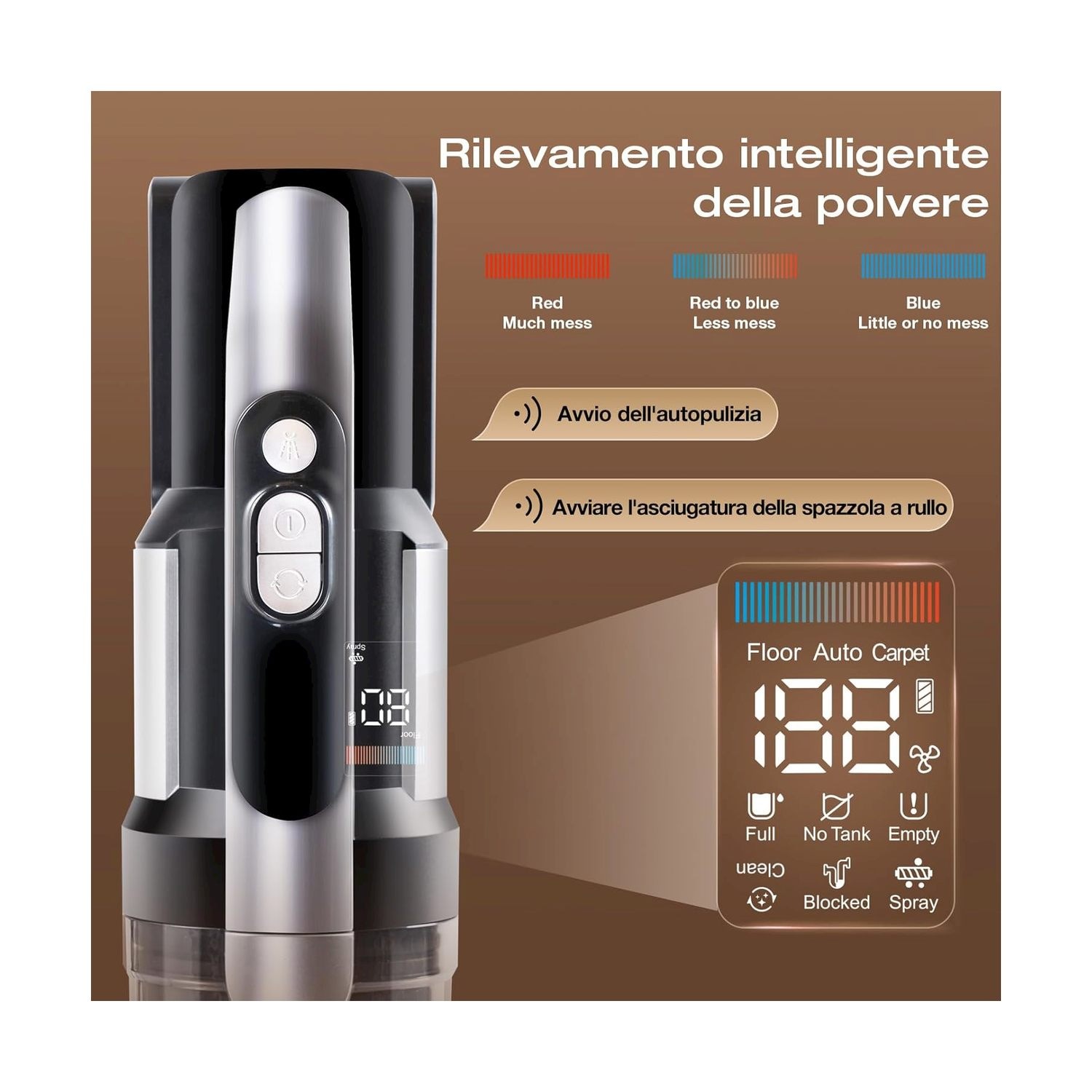 Un aspirapolvere con display digitale che mostra i livelli di polvere e le funzioni.