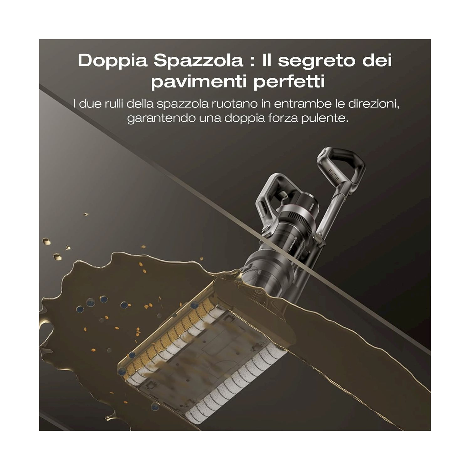 Un aspirapolvere a doppia spazzola pulisce un pavimento sporco.