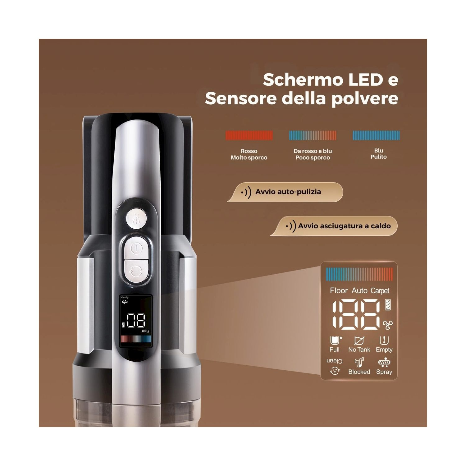 Un aspirapolvere portatile con schermo LED che mostra livelli di sporco e funzioni.