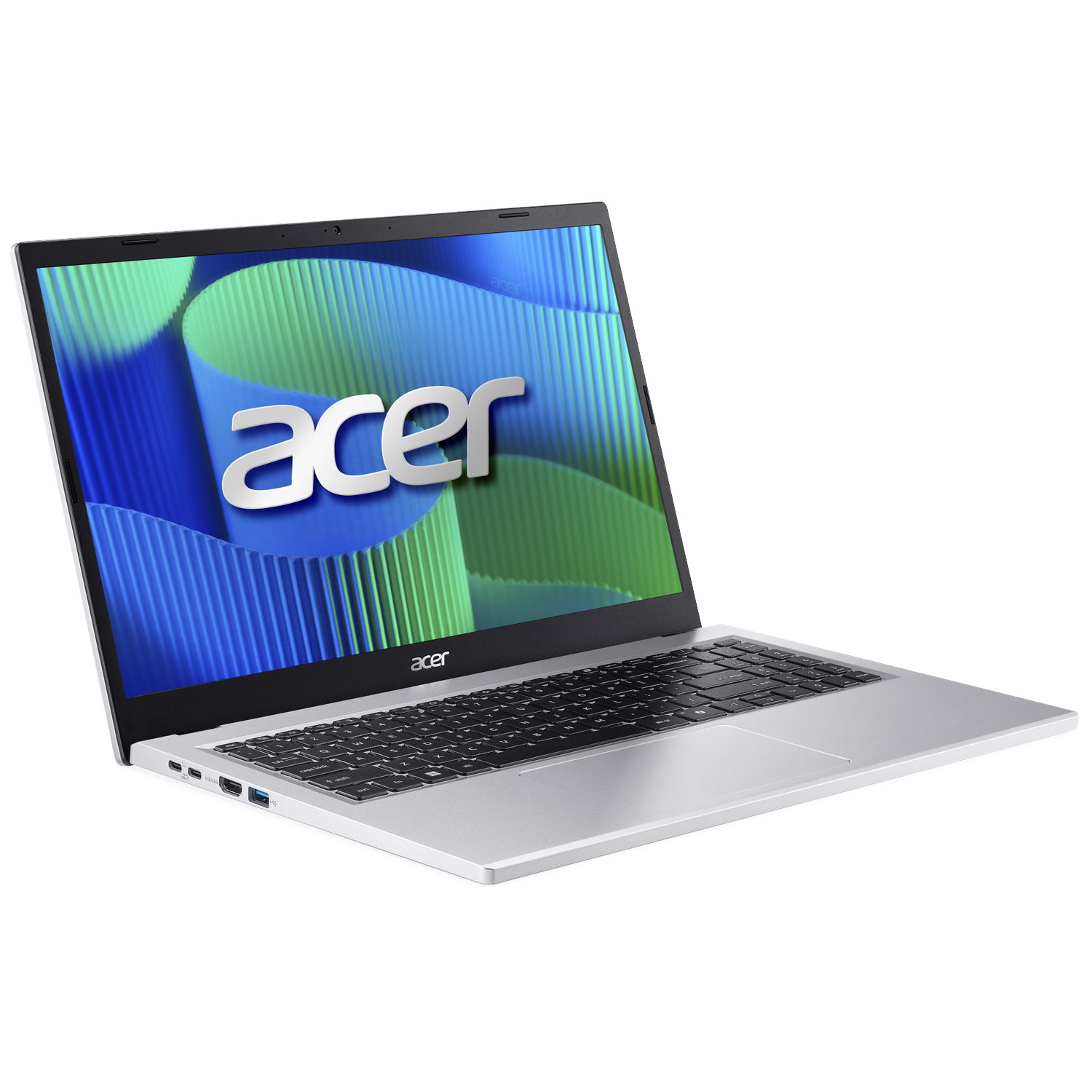Silver Acer laptop with a black keyboard and blue-green background.