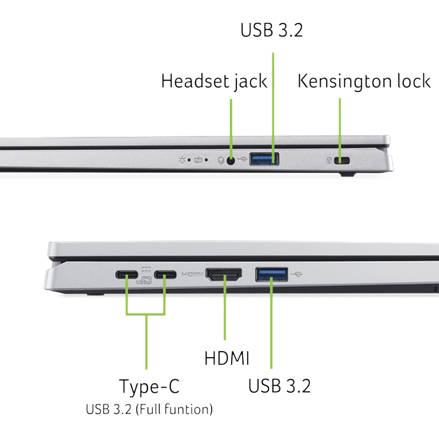 Laptop ports: USB 3.2, headset jack, Kensington lock, HDMI, Type-C.