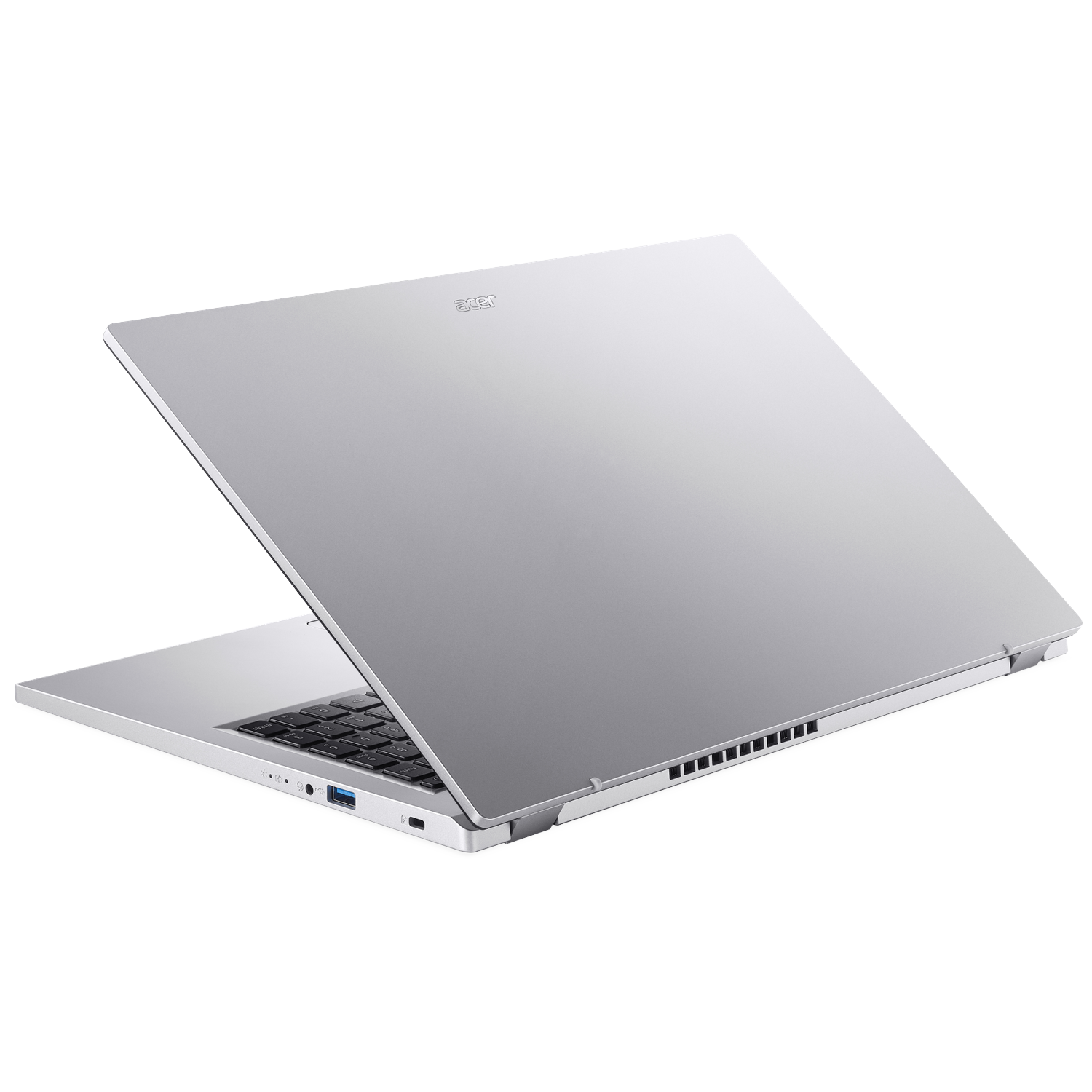 A silver Acer laptop with its screen open, showing the keyboard.