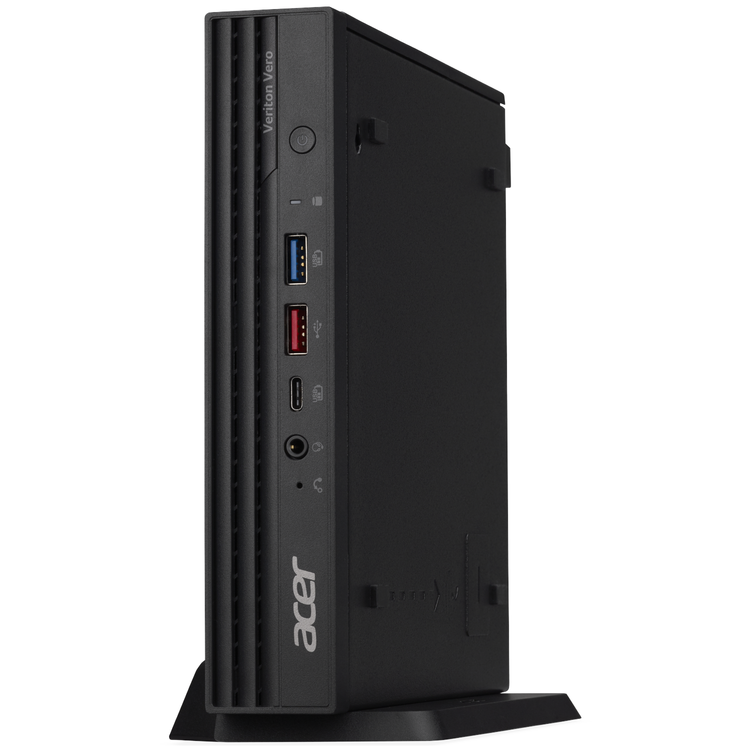 Black Acer Veriton Vero mini PC on a stand with USB ports and power button.