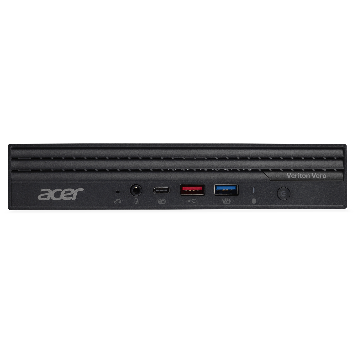 Black Acer Veriton Vero mini PC with front ports visible.