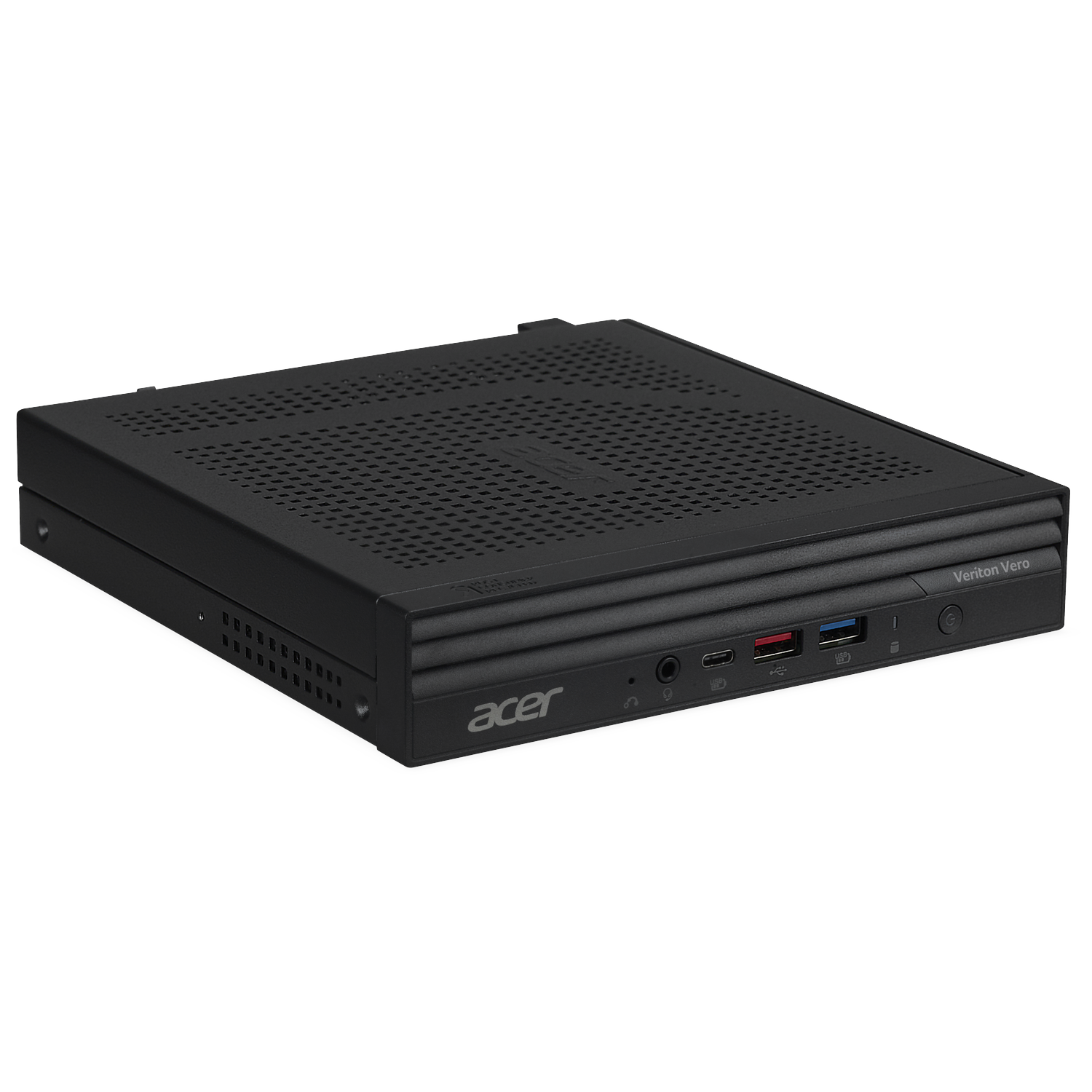 Black Acer Veriton Vero mini PC with ventilation slots and ports.