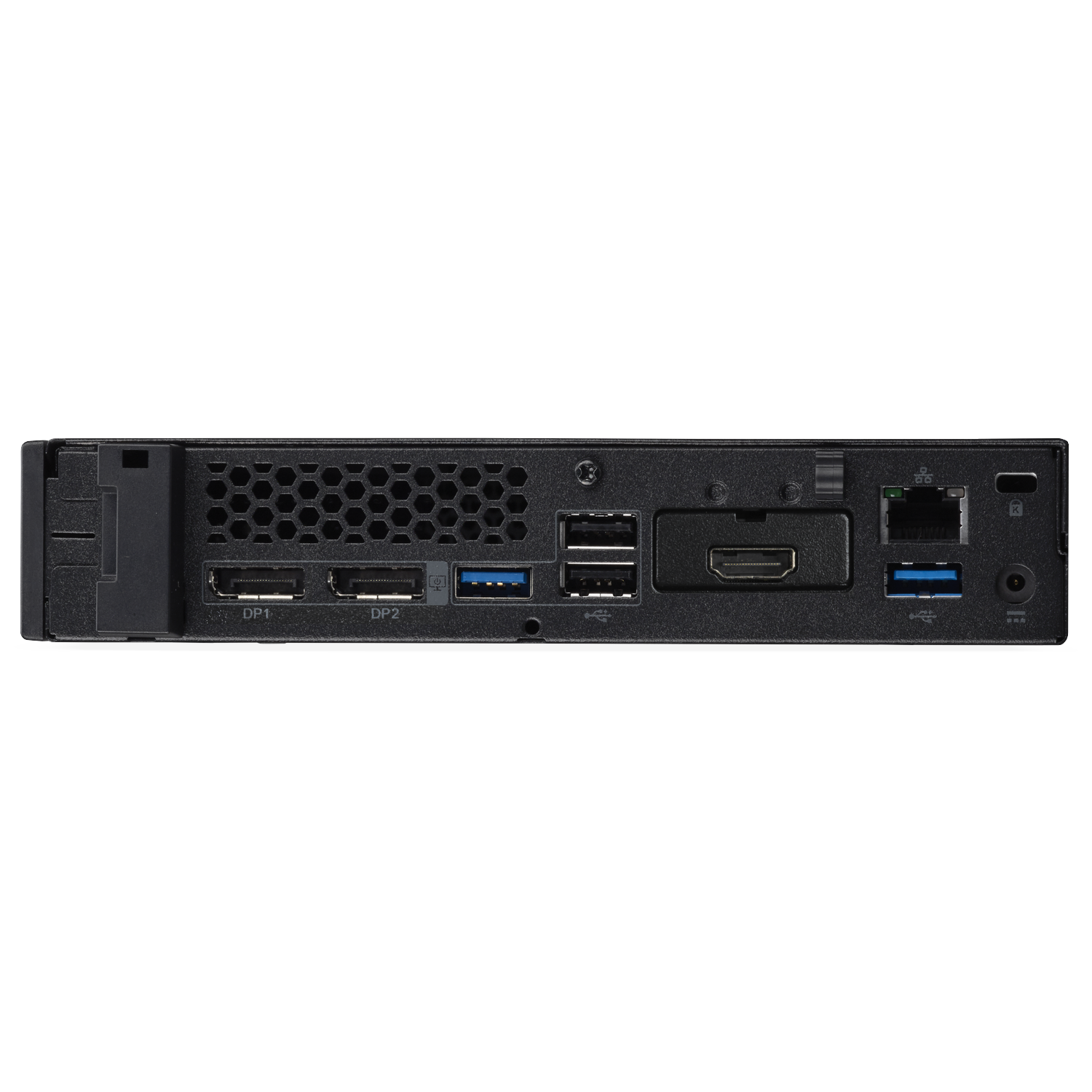 Back of a black mini PC showing ports: DP1, DP2, USB, HDMI, LAN, USB.
