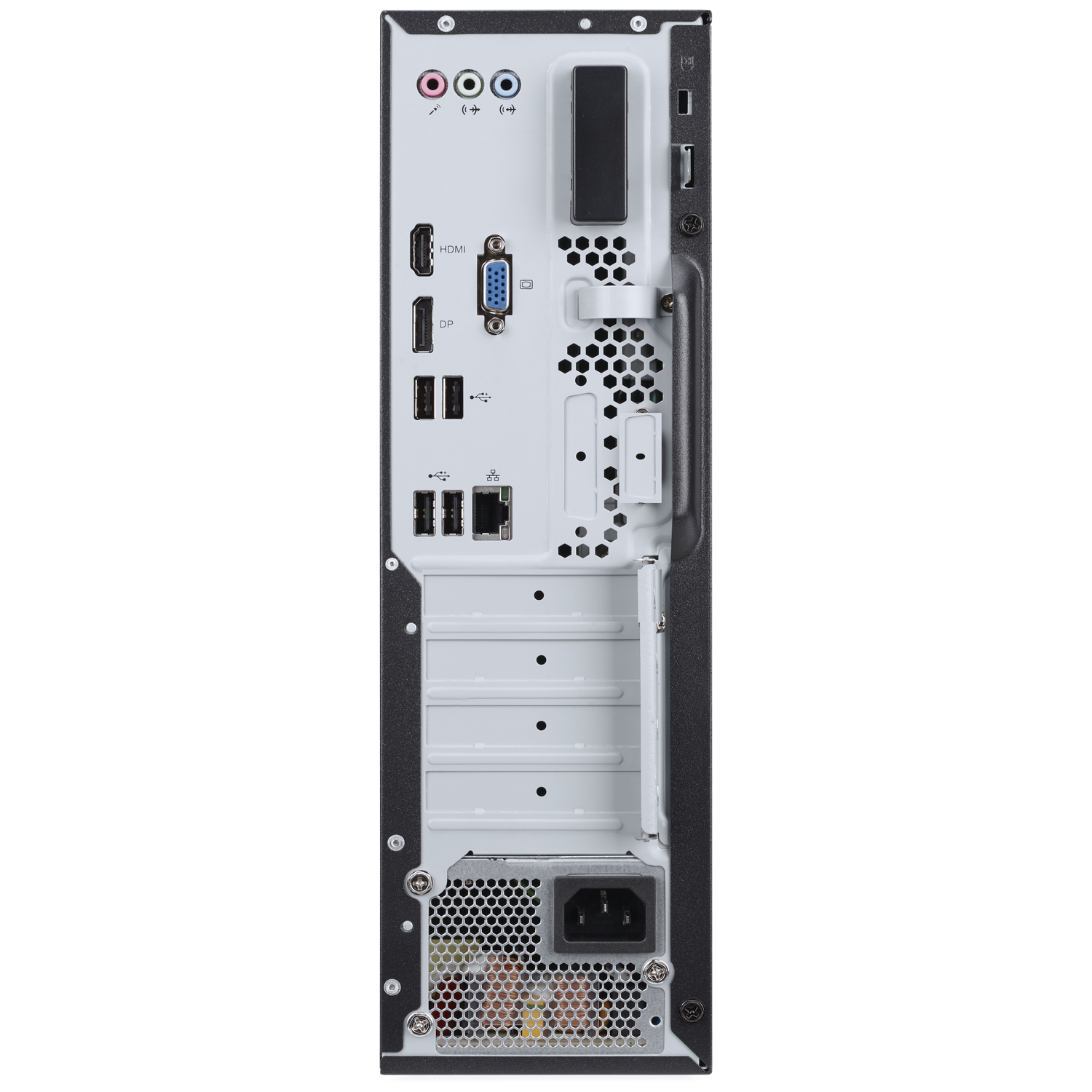 Back of a PC with ports like HDMI, VGA, USB, and power.