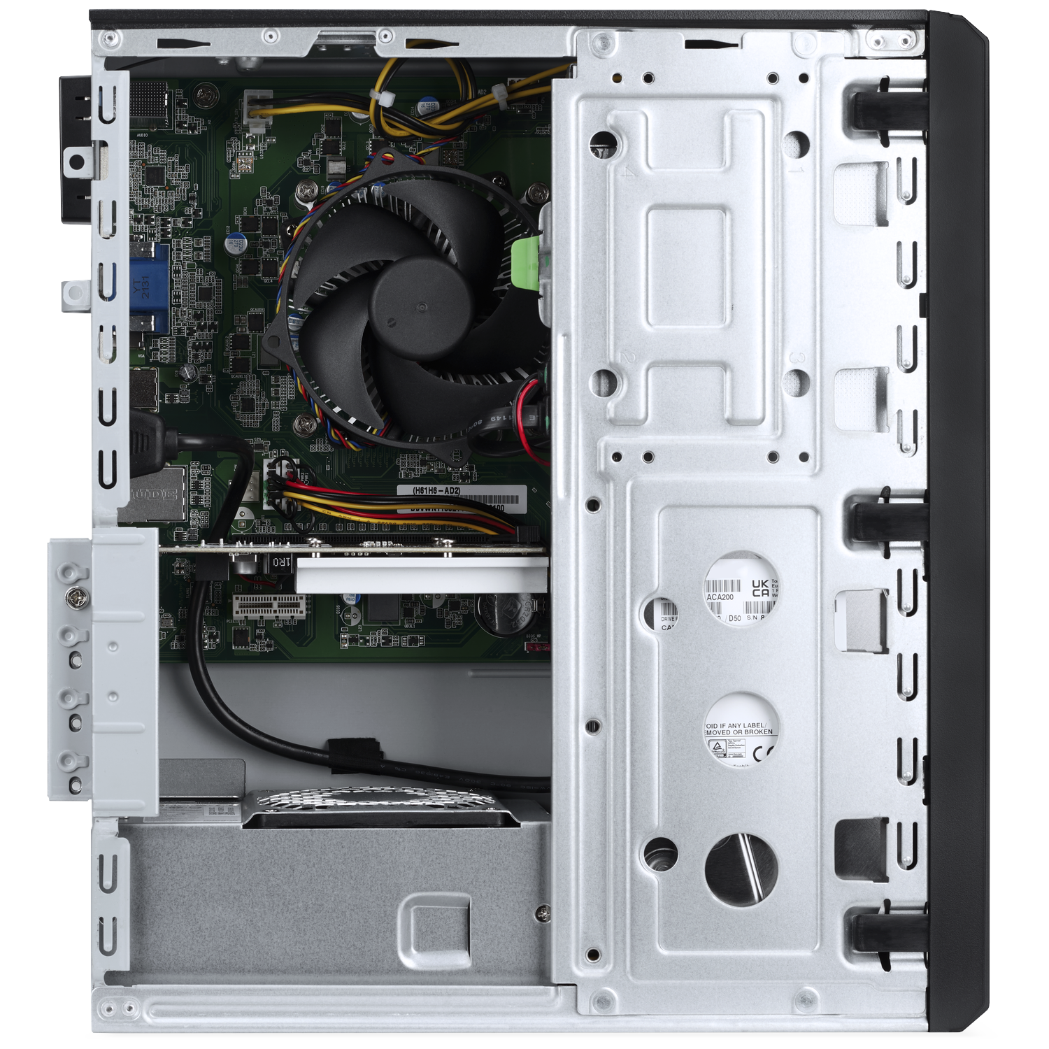 Inside view of a PC with motherboard, fan, and cables.