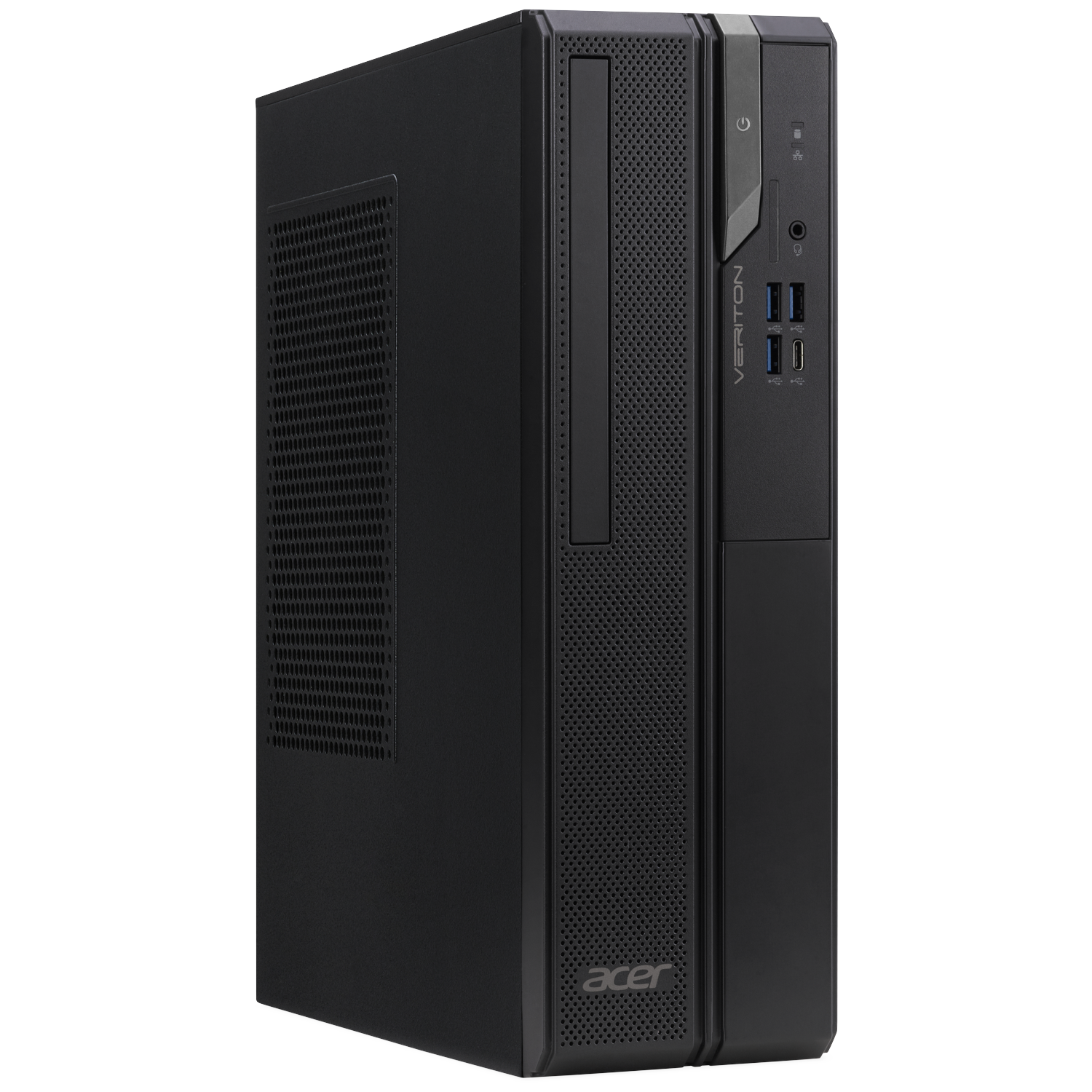 Black Acer Veriton desktop computer with side vents and ports on the front panel.