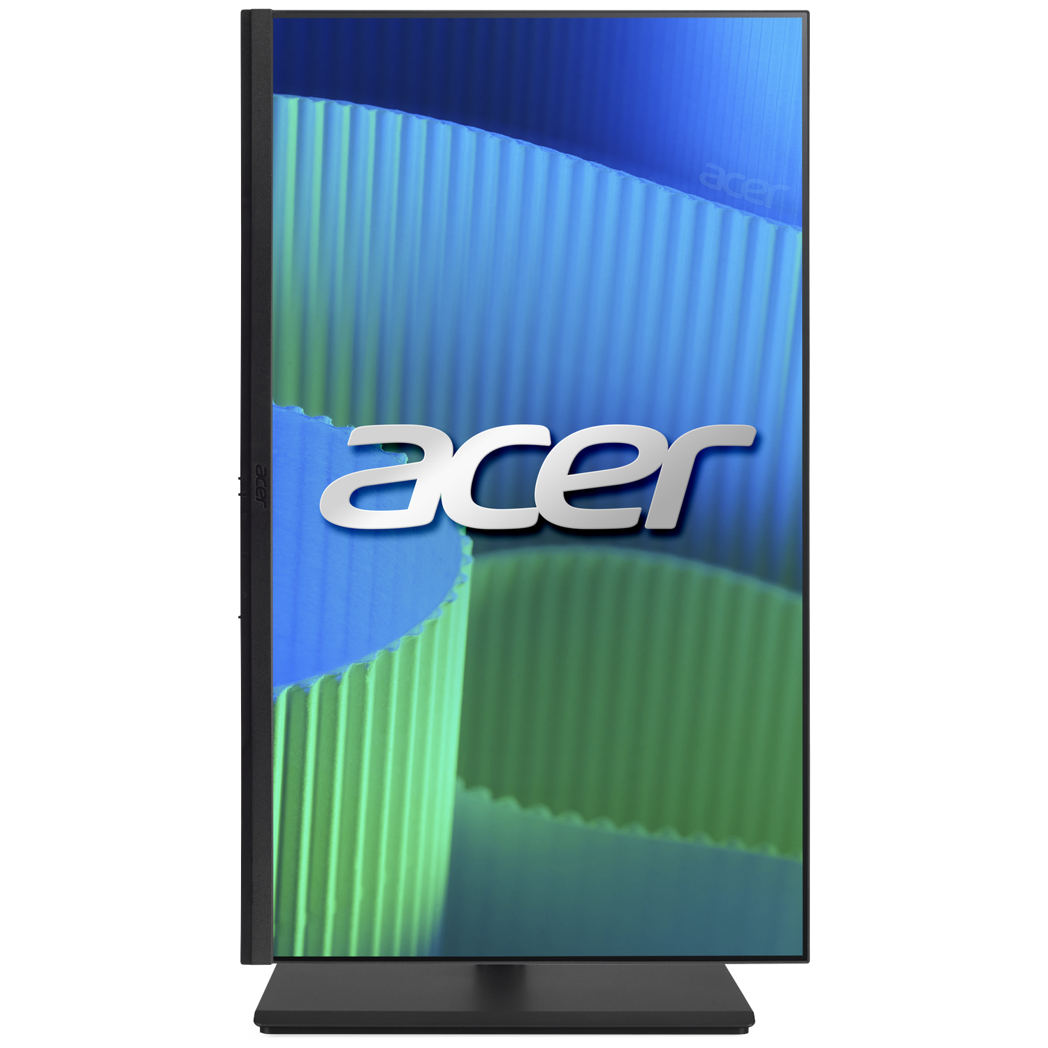 An Acer monitor displays a blue and green ribbed pattern with the Acer logo.