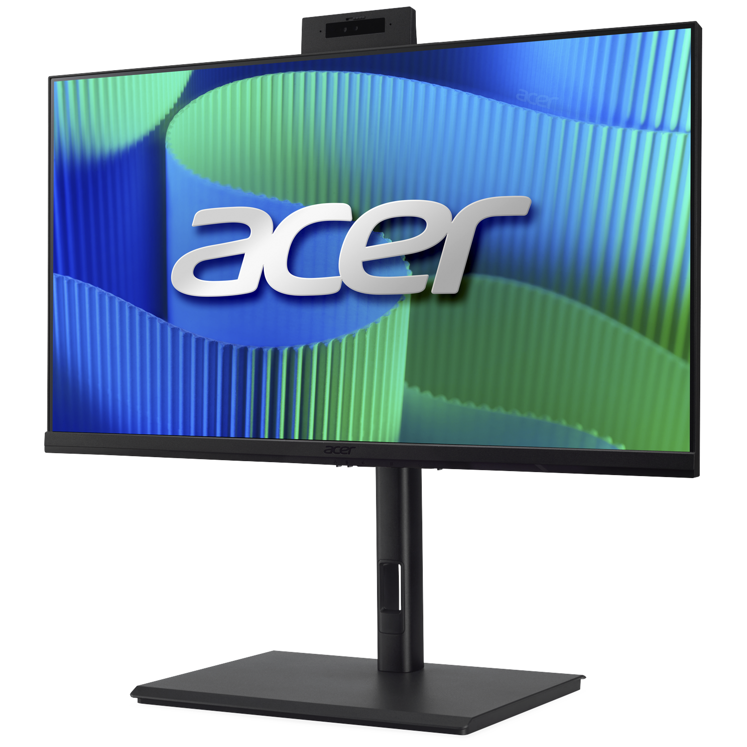 A black Acer monitor with a webcam and a modern background.