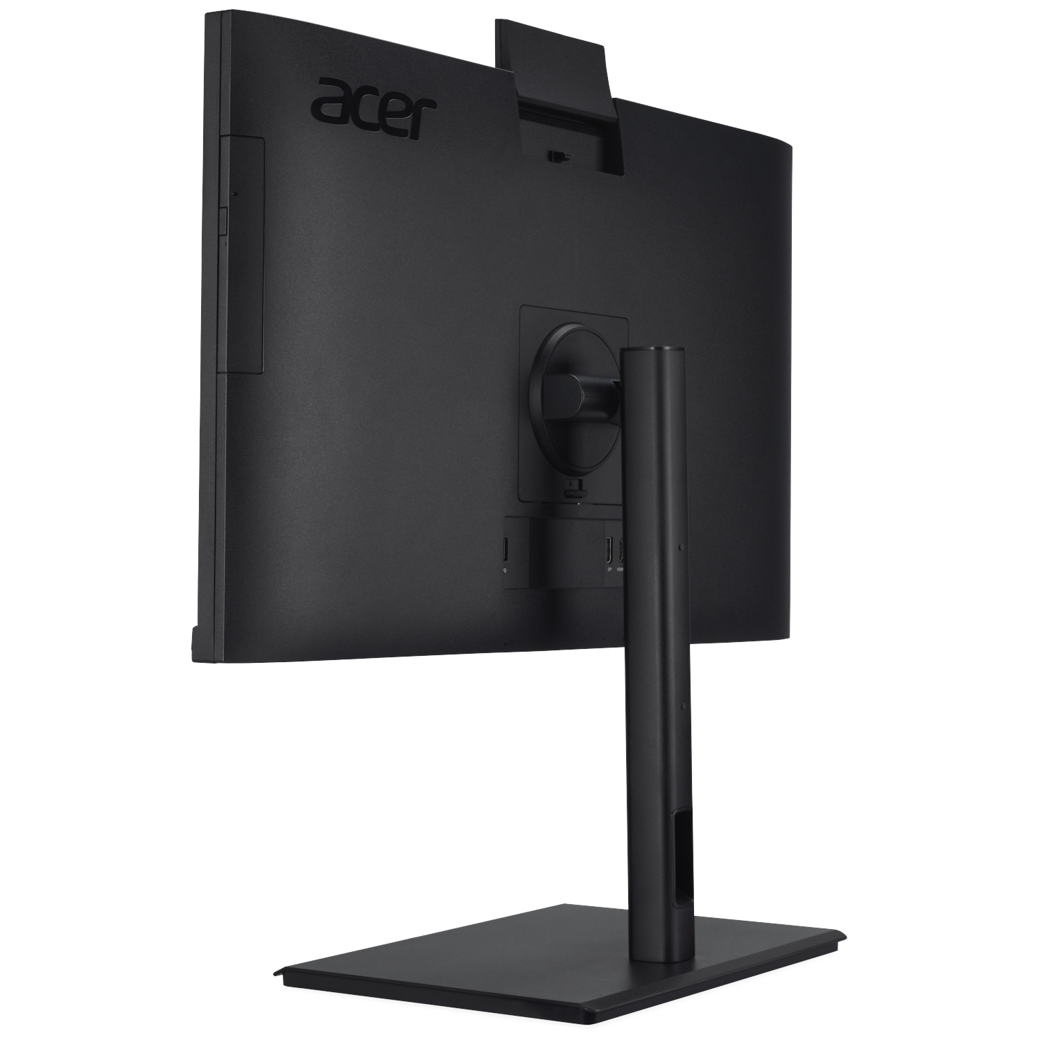 Back view of a black Acer monitor with stand on a white background.
