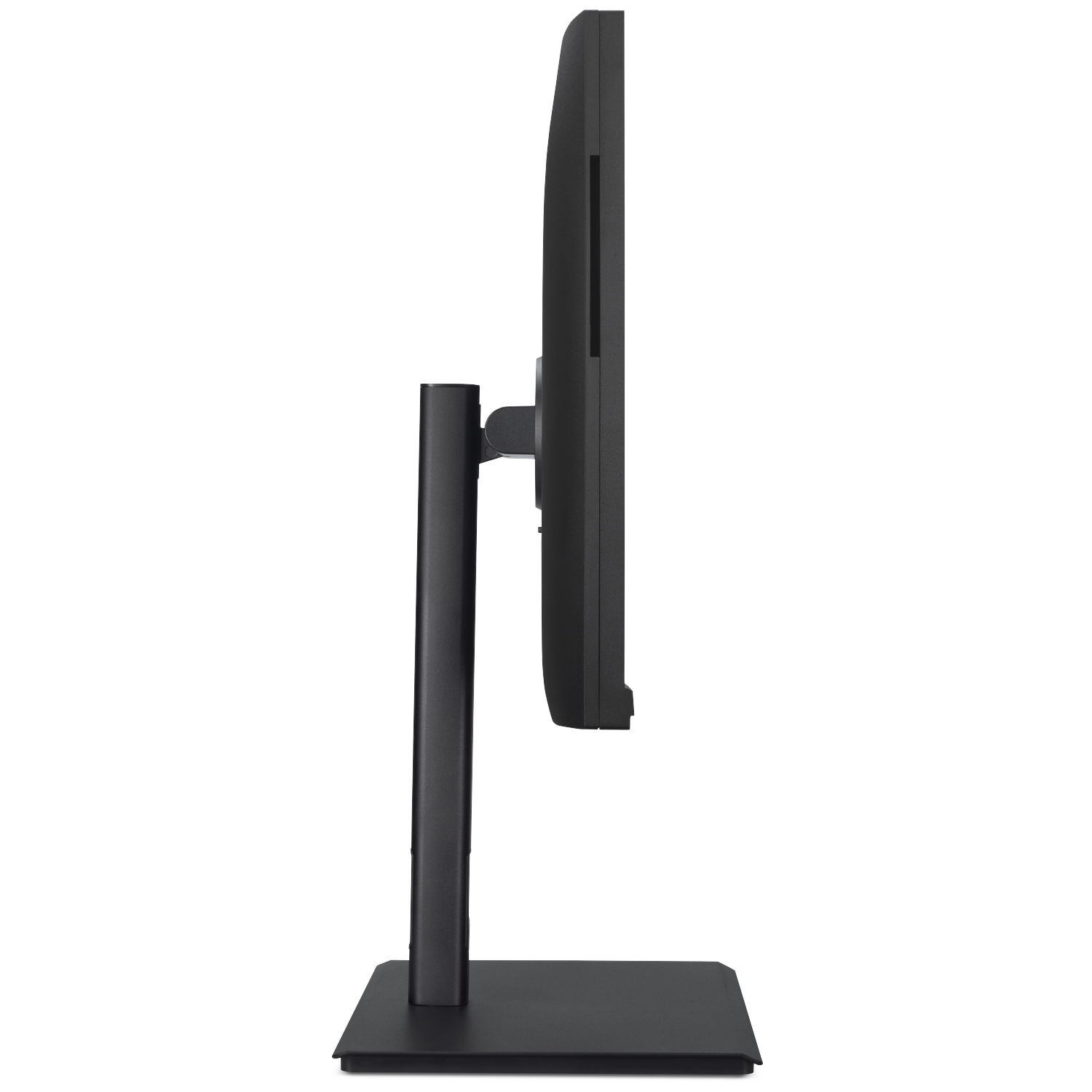 Side view of a black computer monitor on a black stand.