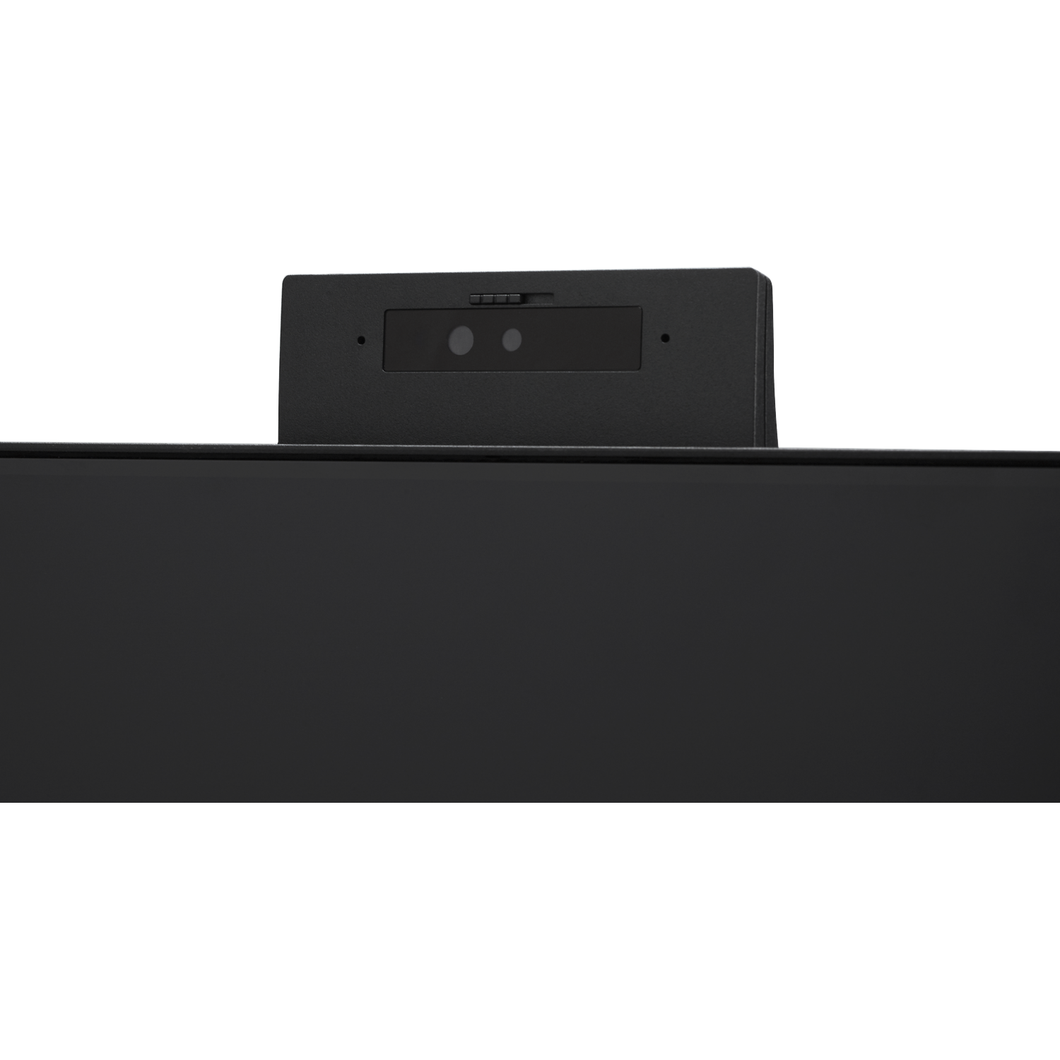 Close-up of a black webcam with two lenses and microphones.