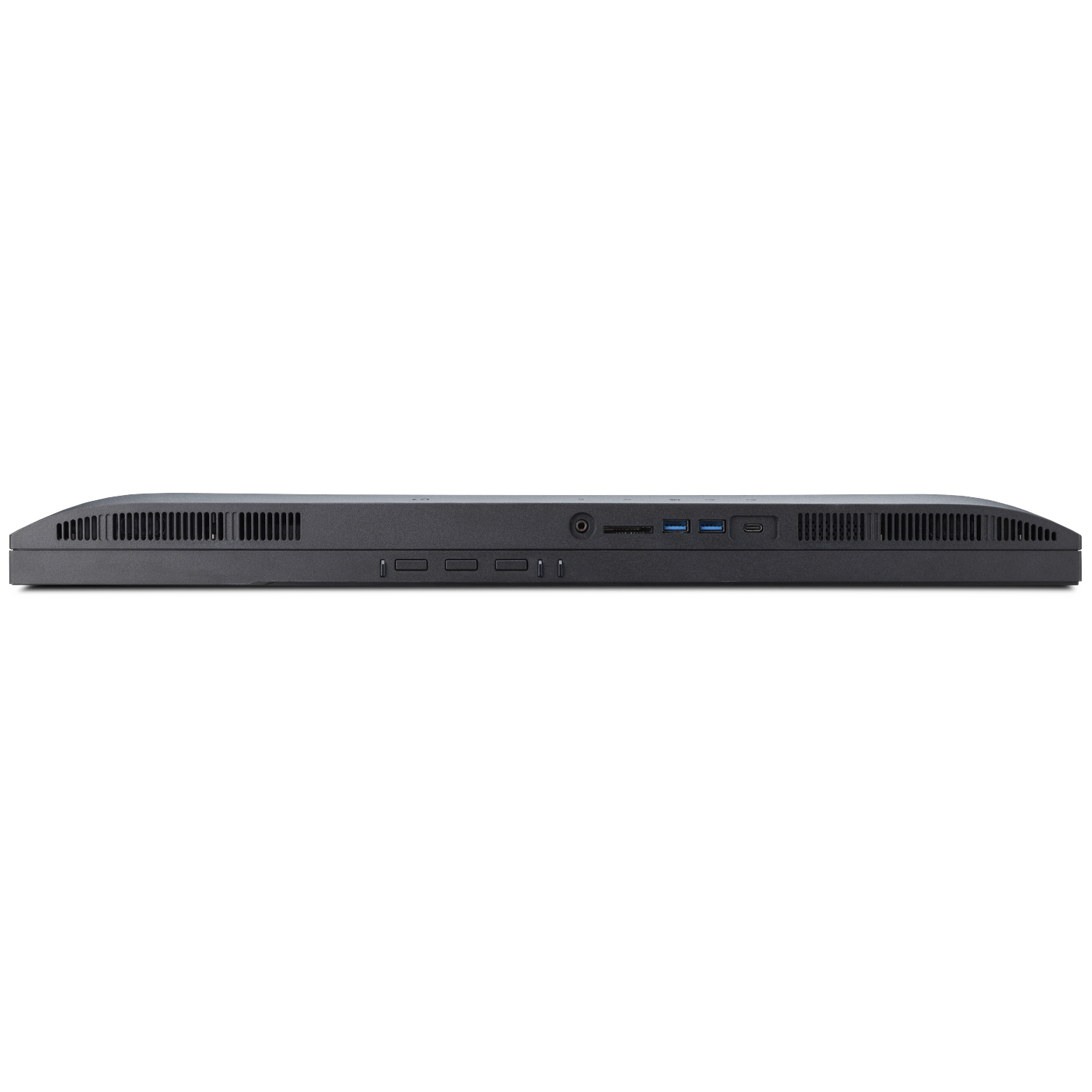 Black monitor edge with ports: audio, USB-A, USB-C, SD card slot.