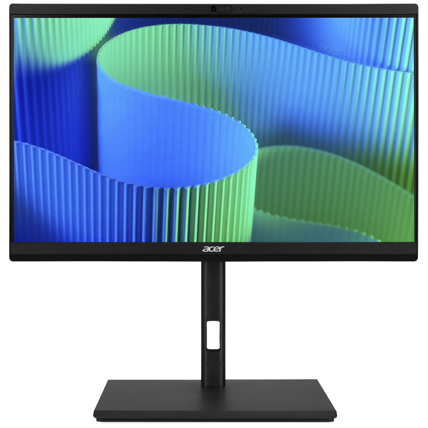 A black Acer monitor displays a wavy pattern of blue and green on its screen.