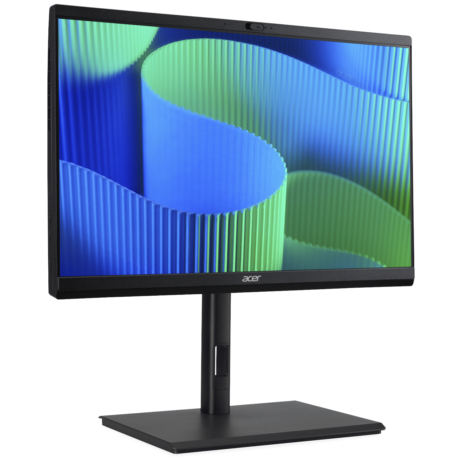 A black Acer monitor displays an abstract blue and green wavy pattern on its screen.