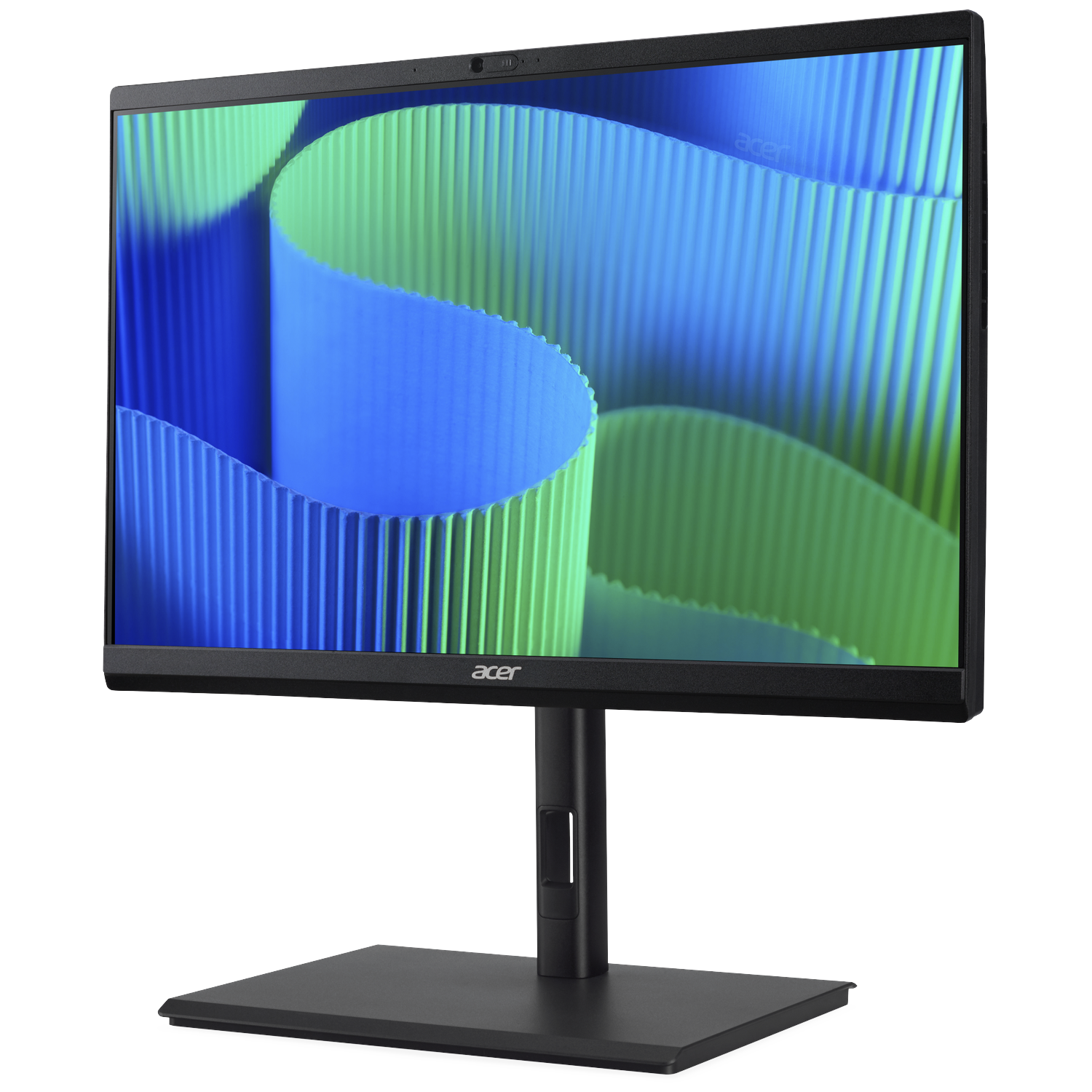 A black Acer monitor displaying a blue and green wavy pattern on screen.