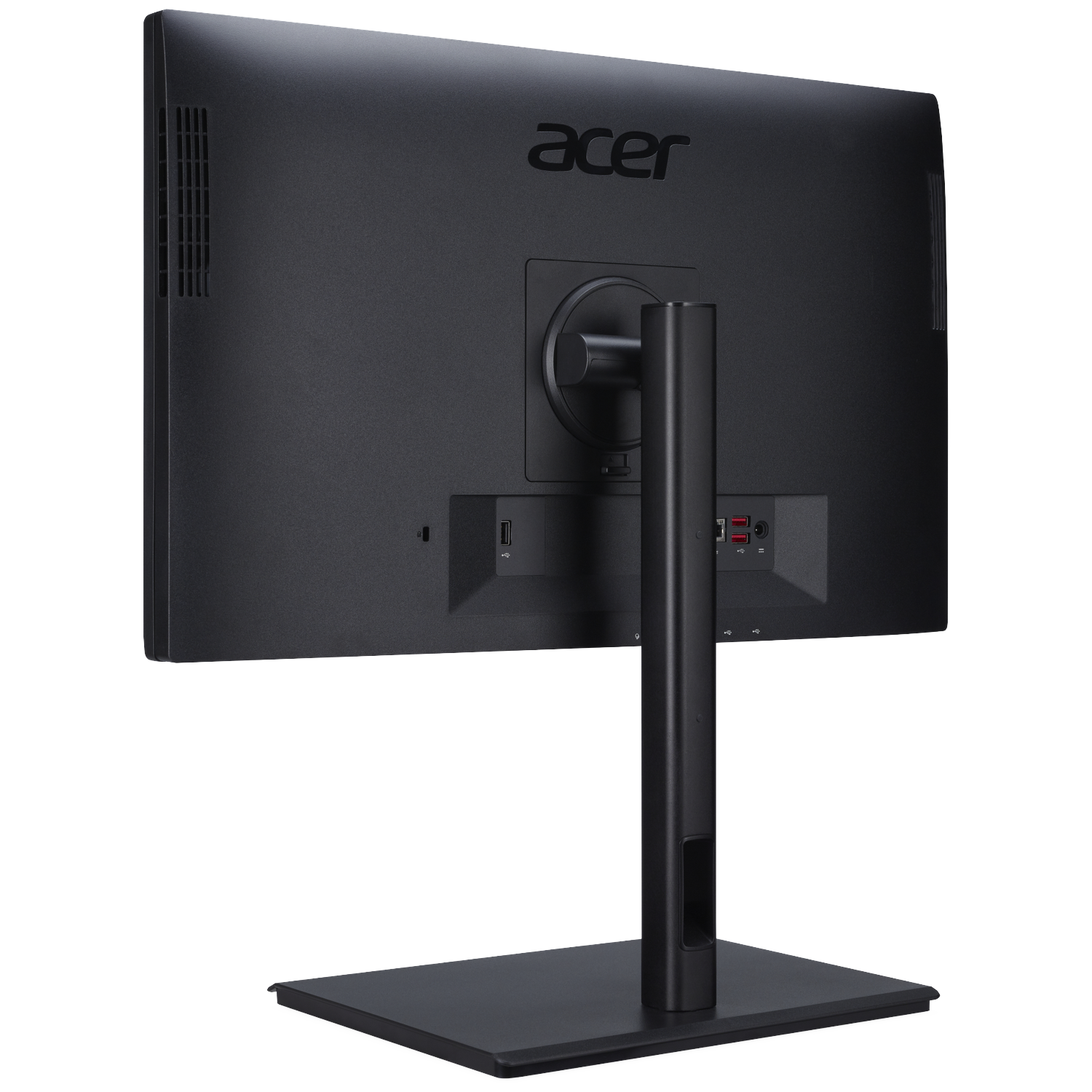 Back of a black Acer monitor with stand and ports.