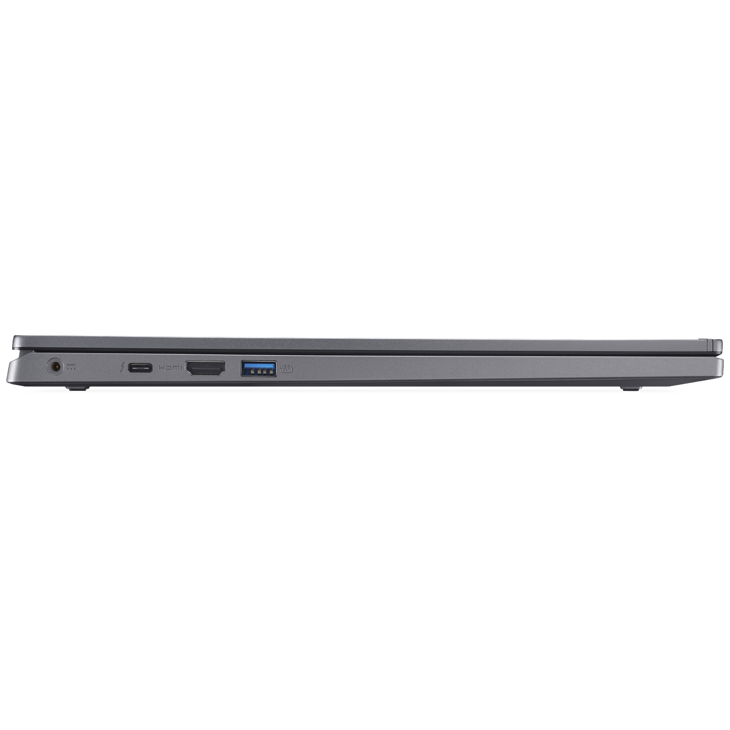 Gray laptop connection area with USB, HDMI, and power port.