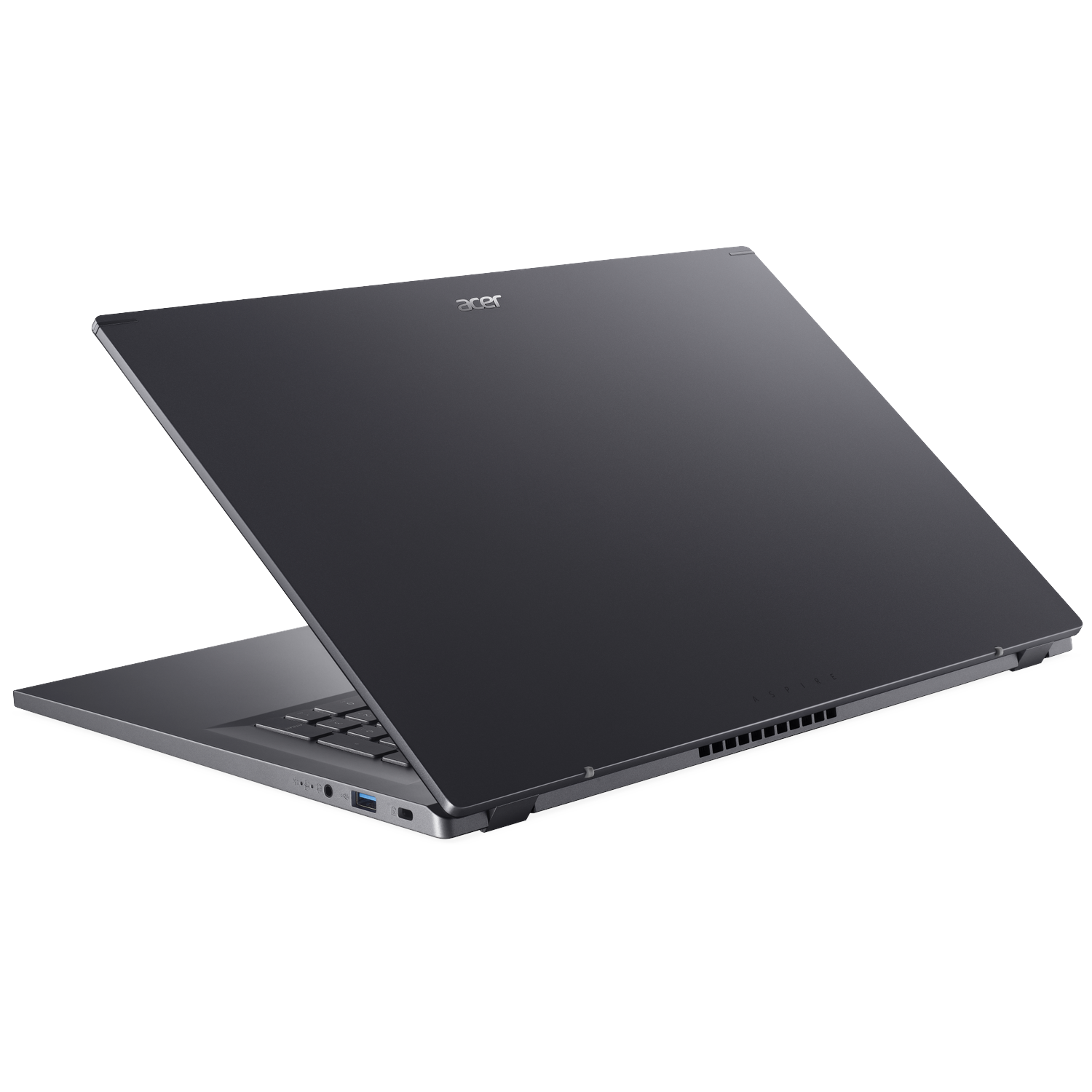 Dark gray Acer Aspire laptop, partially open, showing keyboard and ports.
