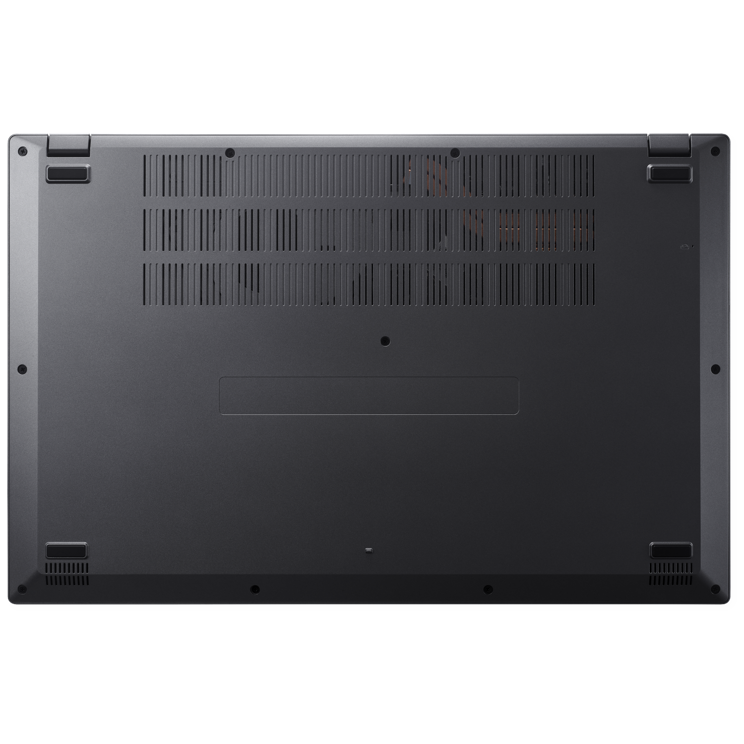 Underside of a black laptop with ventilation slots and rubber feet.
