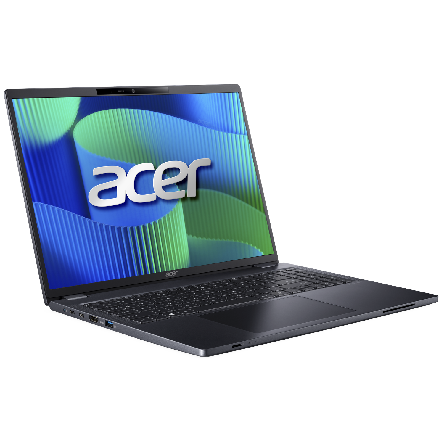 An open gray Acer laptop with a blue and green background displayed on the screen.