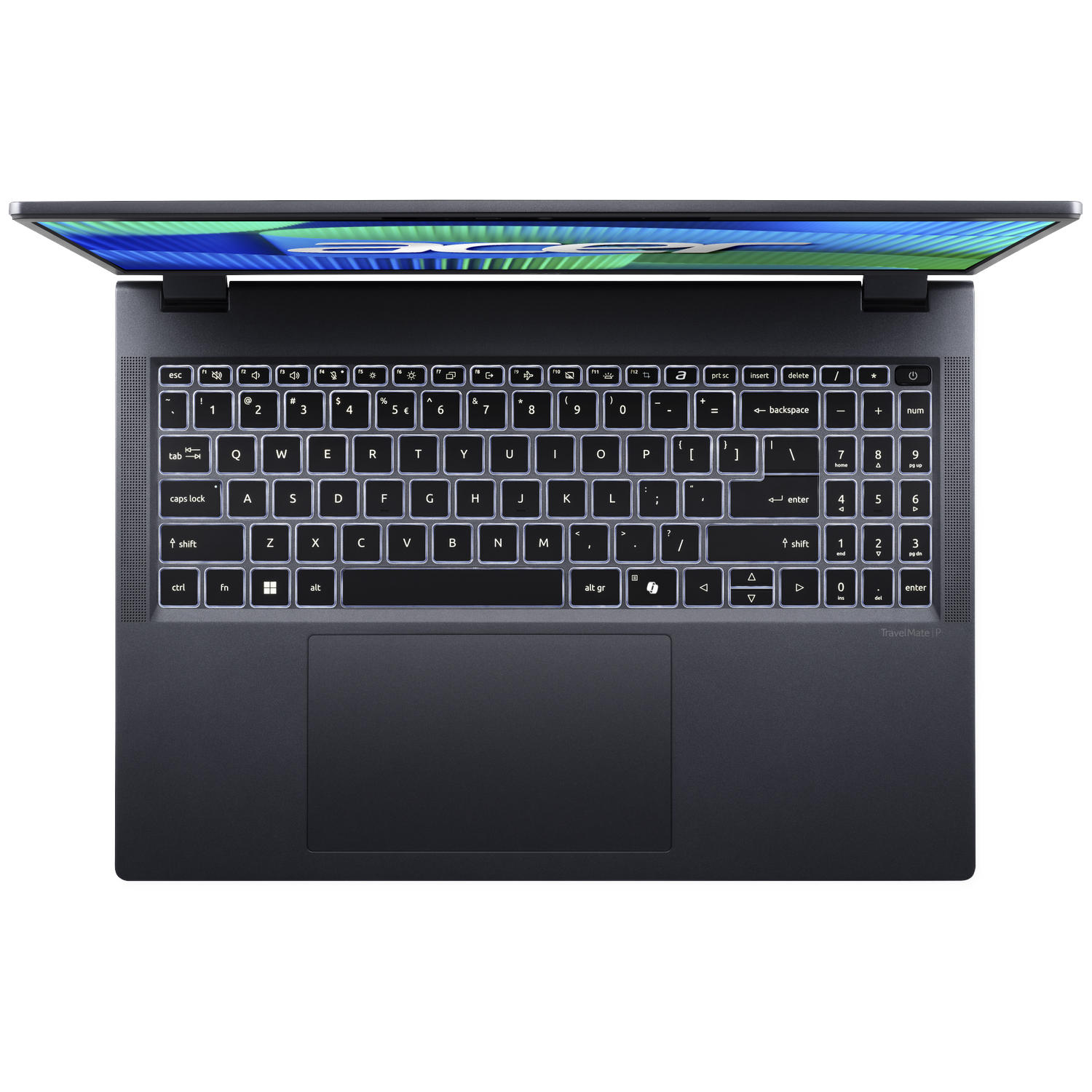 Dark gray laptop from above, with illuminated keyboard and screen.