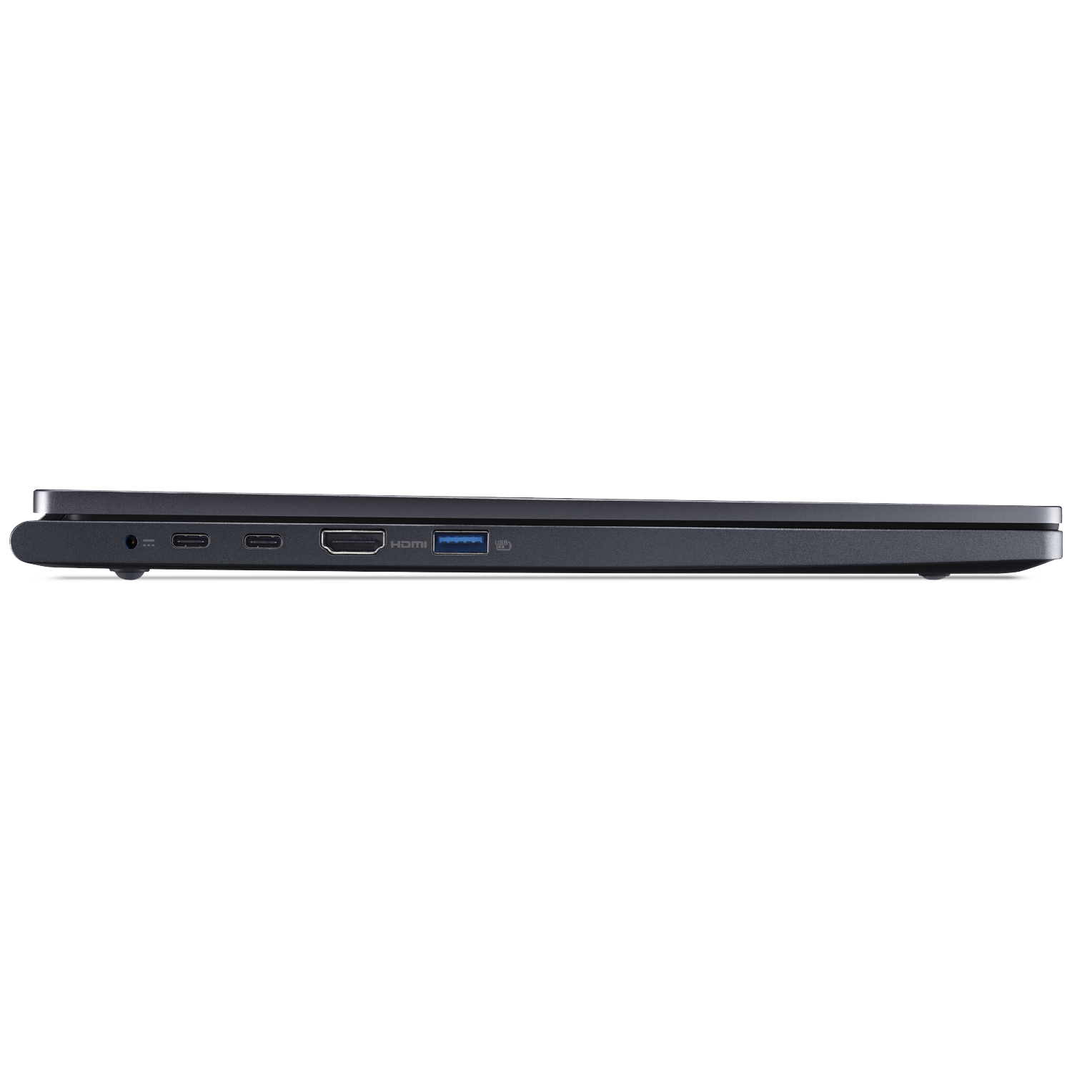 Dark gray laptop edge with ports: audio, 2x USB-C, HDMI, USB-A.