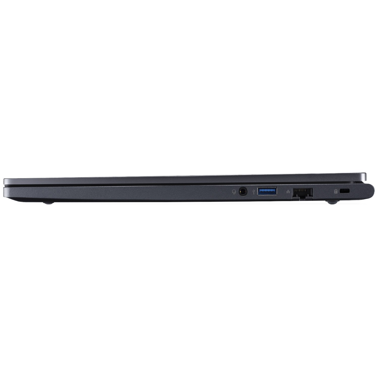 Side view of a closed dark laptop showing ports: audio, USB, data.