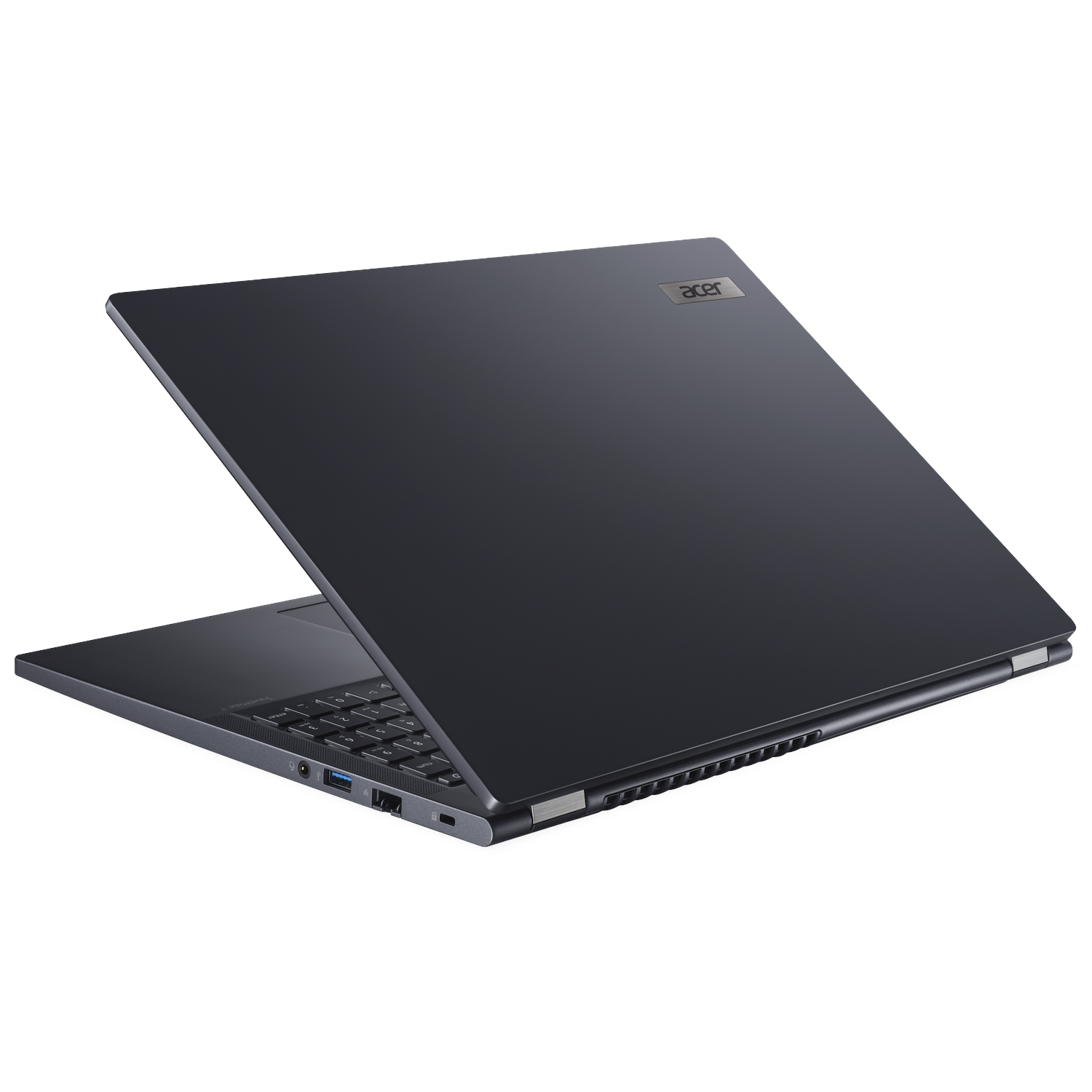 Dark gray Acer laptop, partially open, showing keyboard and ports.