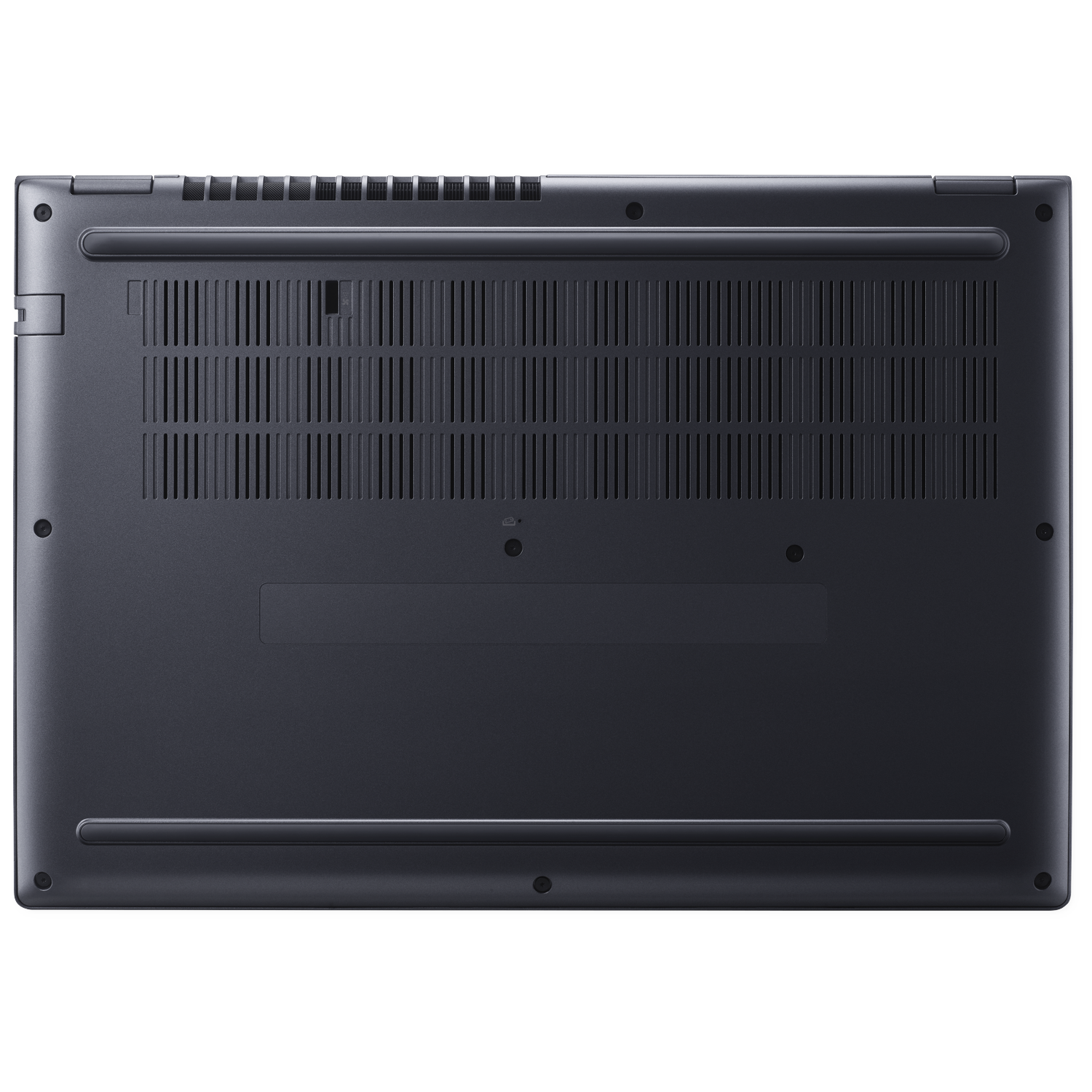 Underside of a dark laptop with vents and screws visible.