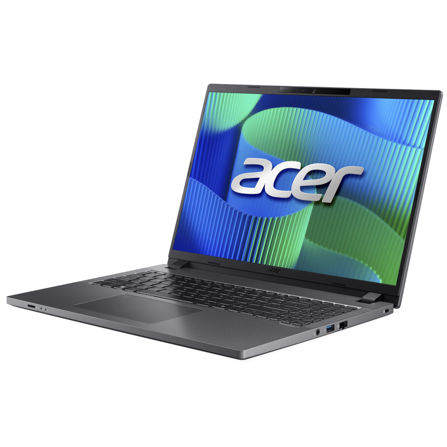 A gray Acer laptop with its screen open, displaying the Acer logo.