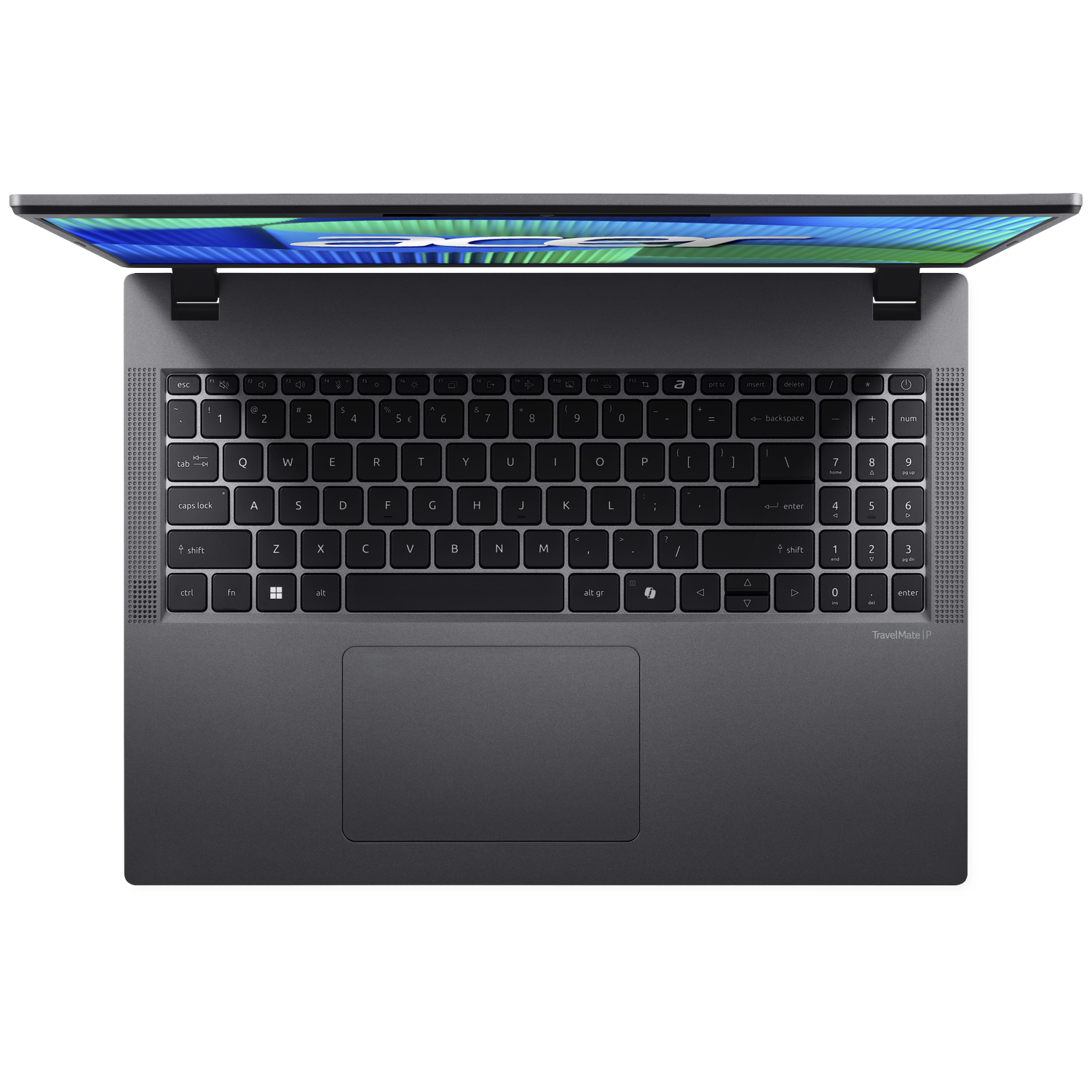 Top view of an open dark gray Acer TravelMate P laptop with a blue and green abstract wallpaper.