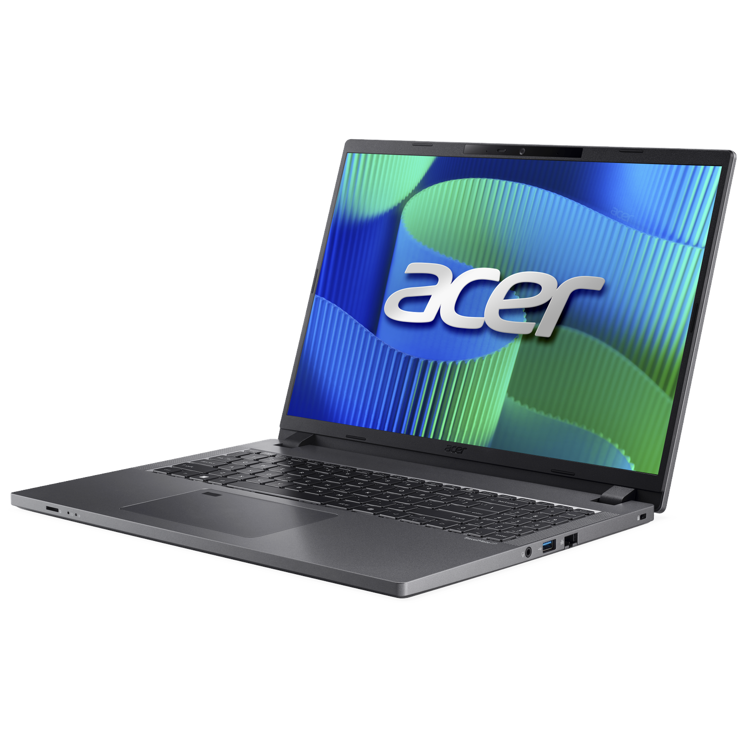 A gray Acer laptop is open, displaying the Acer logo on its screen.