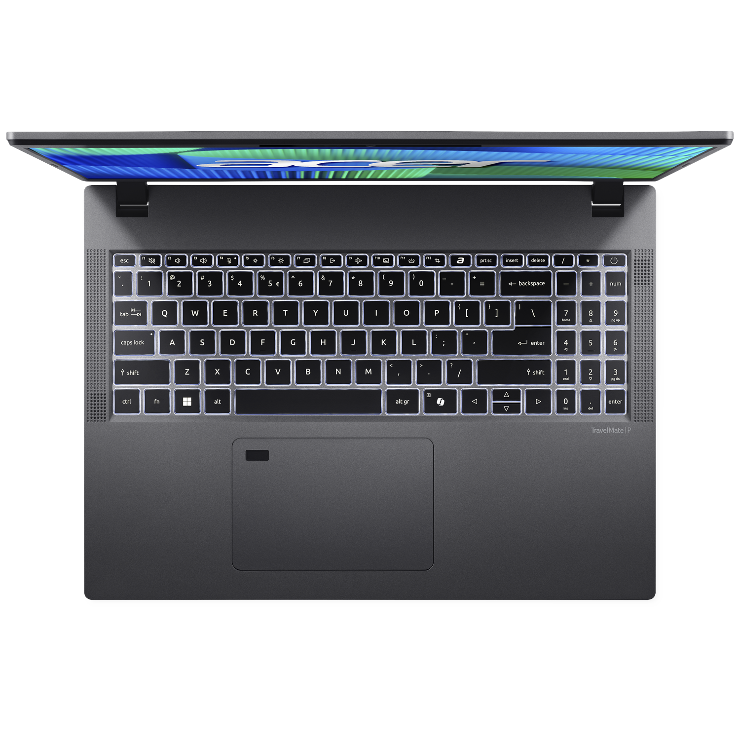 Dark gray laptop with lid open, keyboard with white backlighting.