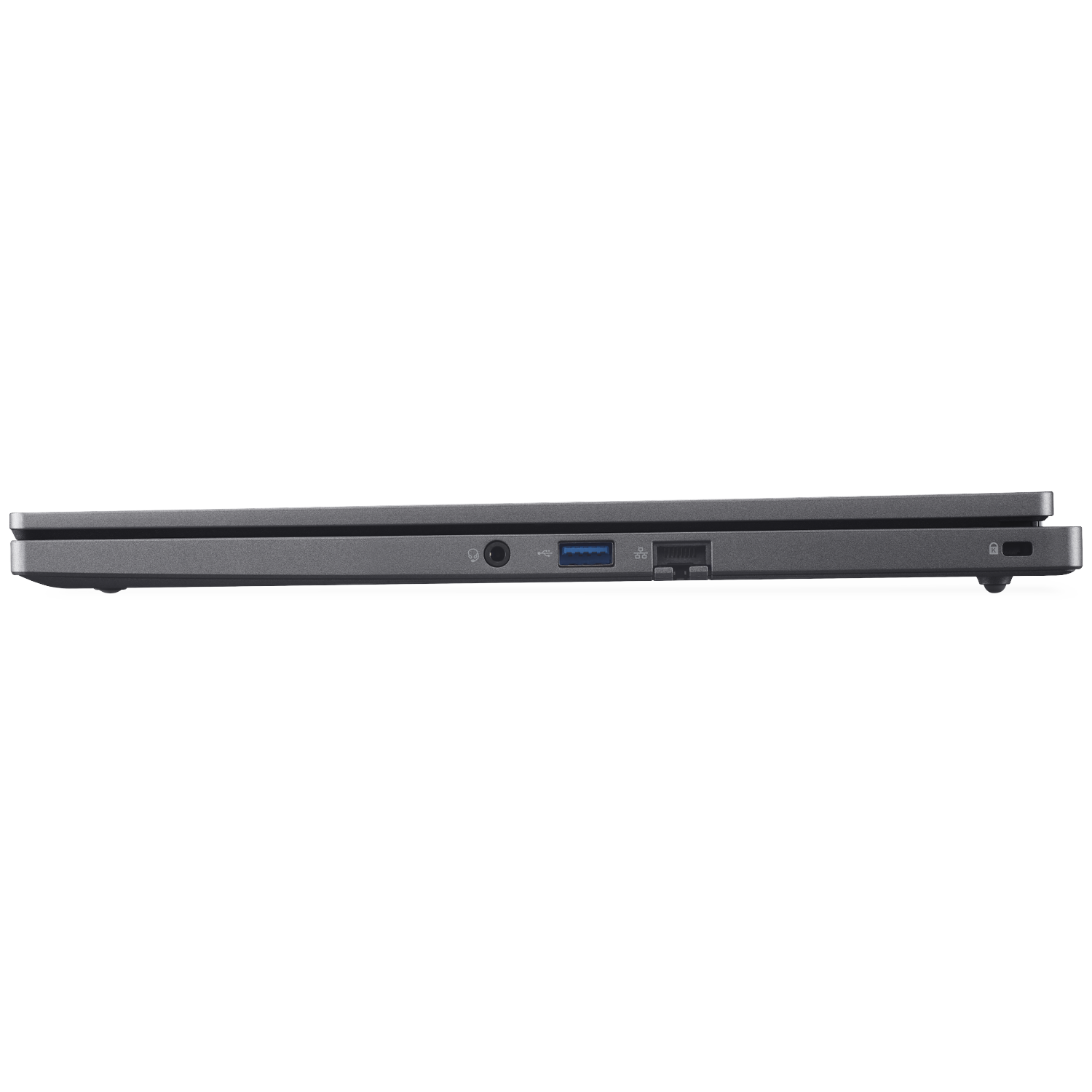 Gray laptop profile showing ports: USB, headphone, Kensington lock.