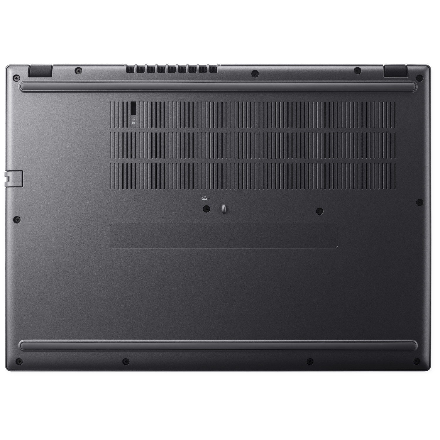 Underside of a dark laptop with vents and screws visible.