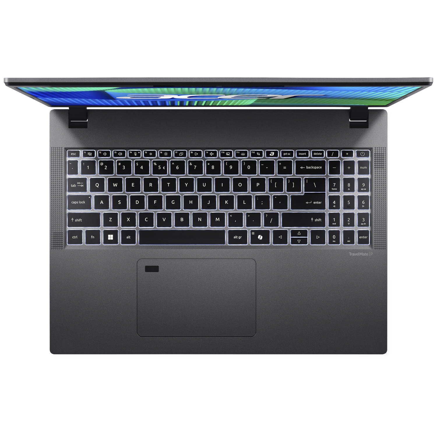 Bovenaanzicht van een open donkergrijze laptop met verlicht toetsenbord en scherm.