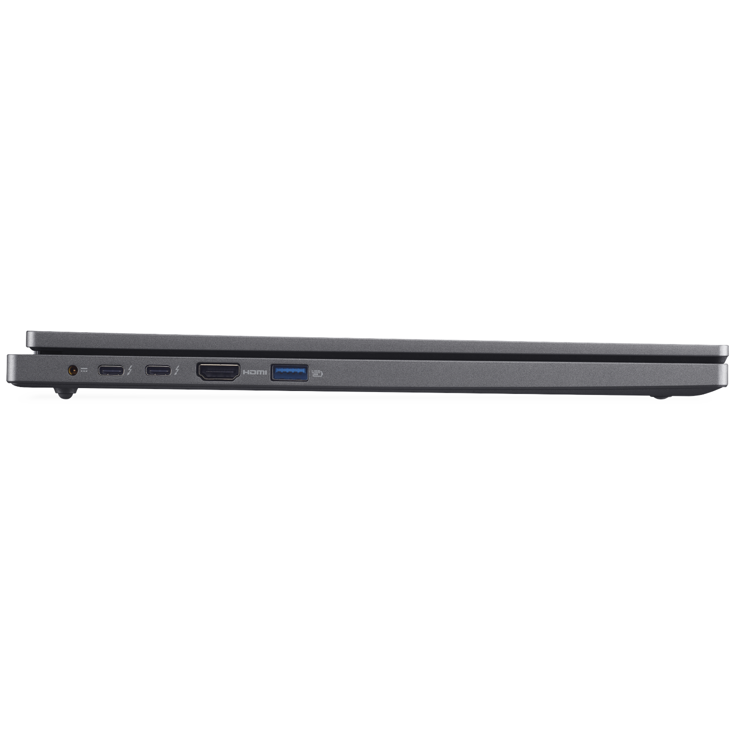 Grijze laptop poortgebied met HDMI, USB-C en USB-A poorten.